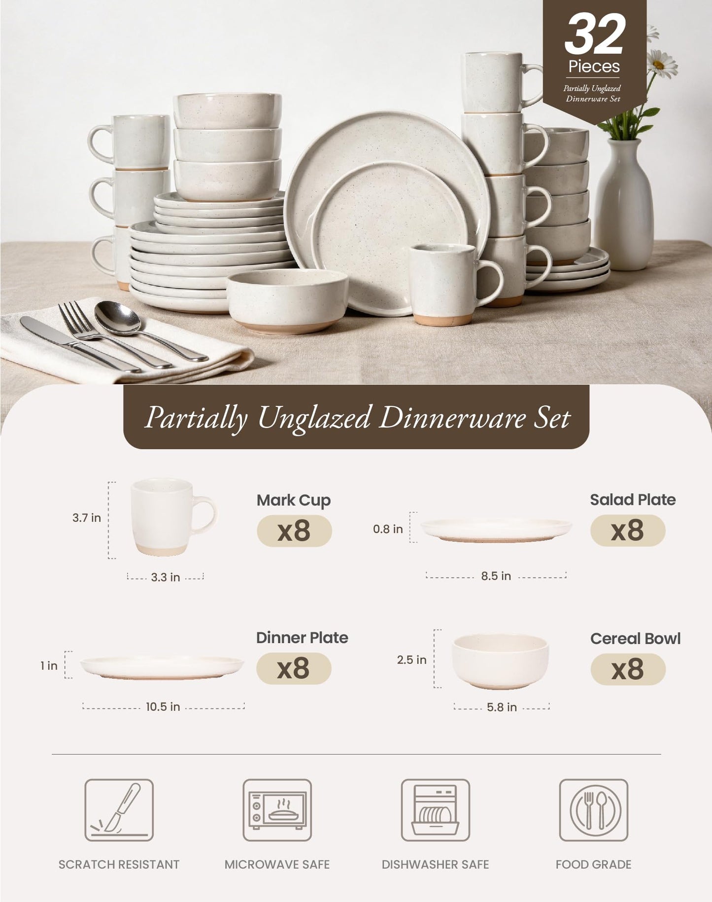 OTAGO 32-Piece Stoneware Dinnerware Set for 8 with Mugs, Plates and Bowls Sets Partially Unglazed Base, Scratch Resistant Ceramic Dish Set, Microwave & Dishwasher Safe for Kitchen Dinner Dining