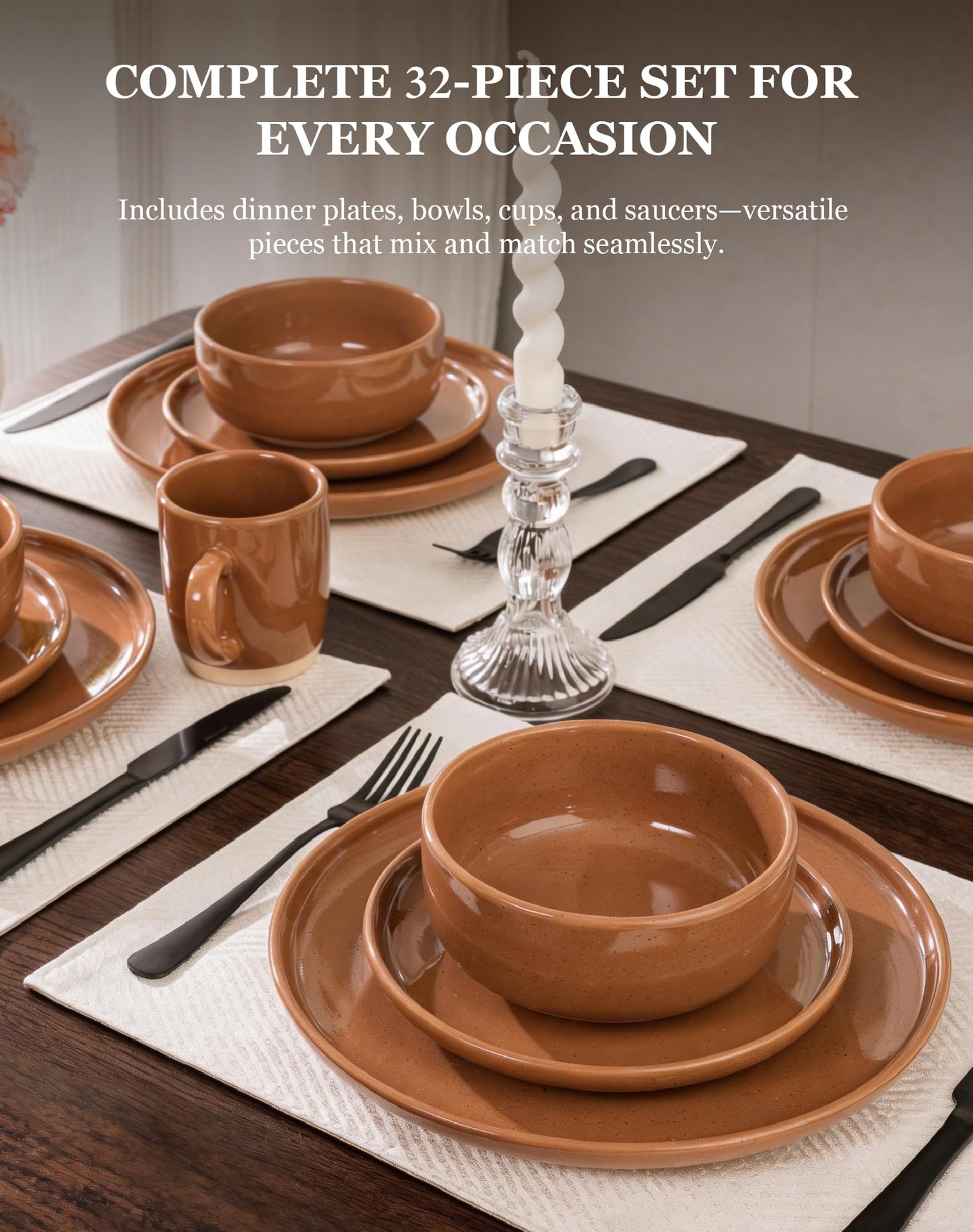 OTAGO 32-Piece Stoneware Dinnerware Set for 8 with Mugs, Plates and Bowls Sets Partially Unglazed Base, Scratch Resistant Ceramic Dish Set, Microwave & Dishwasher Safe for Kitchen Dinner Dining