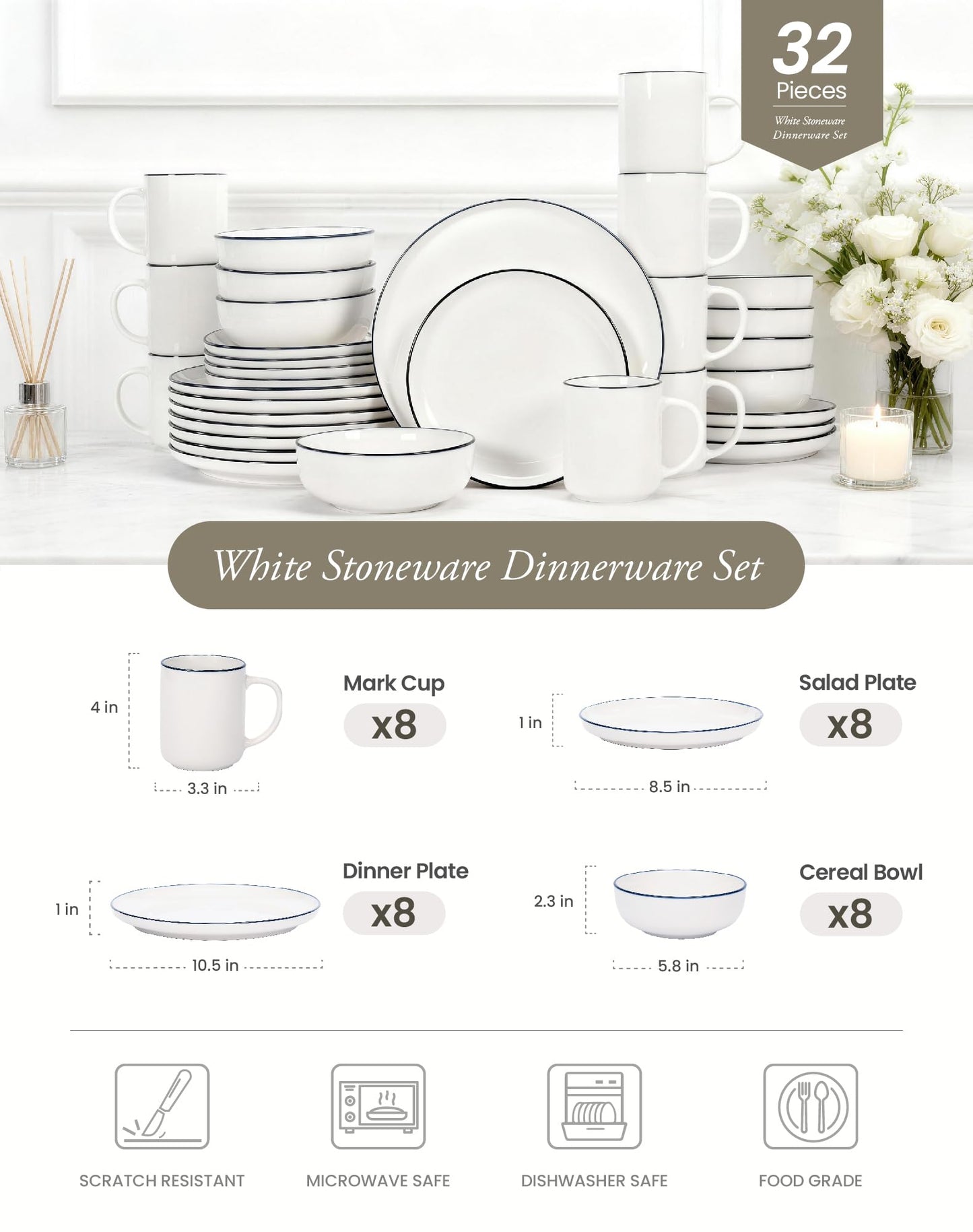 OTAGO 32-Piece Dinnerware Set for 8 with 8 Mugs, White with rim Stoneware Plates and Bowls Sets, Ceramic Dish Set for Kitchen, Dinner & Dining, Microwave & Dishwasher Safe
