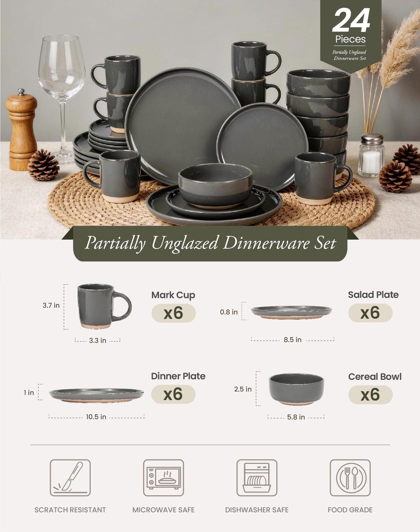 OTAGO 24-Piece Dinnerware Sets Partially Unglazed Base