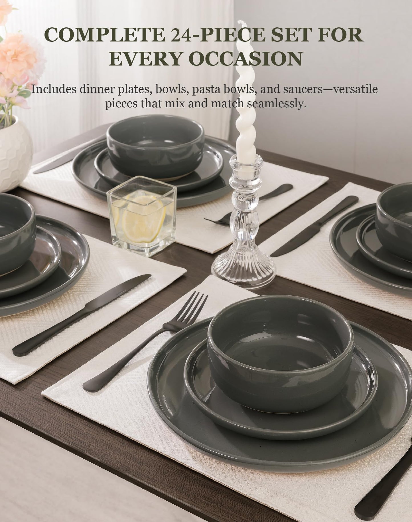OTAGO 24-Piece Dinnerware Sets for 4, Ceramic Plates and Bowls Set with Partially Unglazed Base, Handcrafted Look, Stoneware Dishes Set for Kitchen, Dinner & Dining, Microwave & Dishwasher Safe