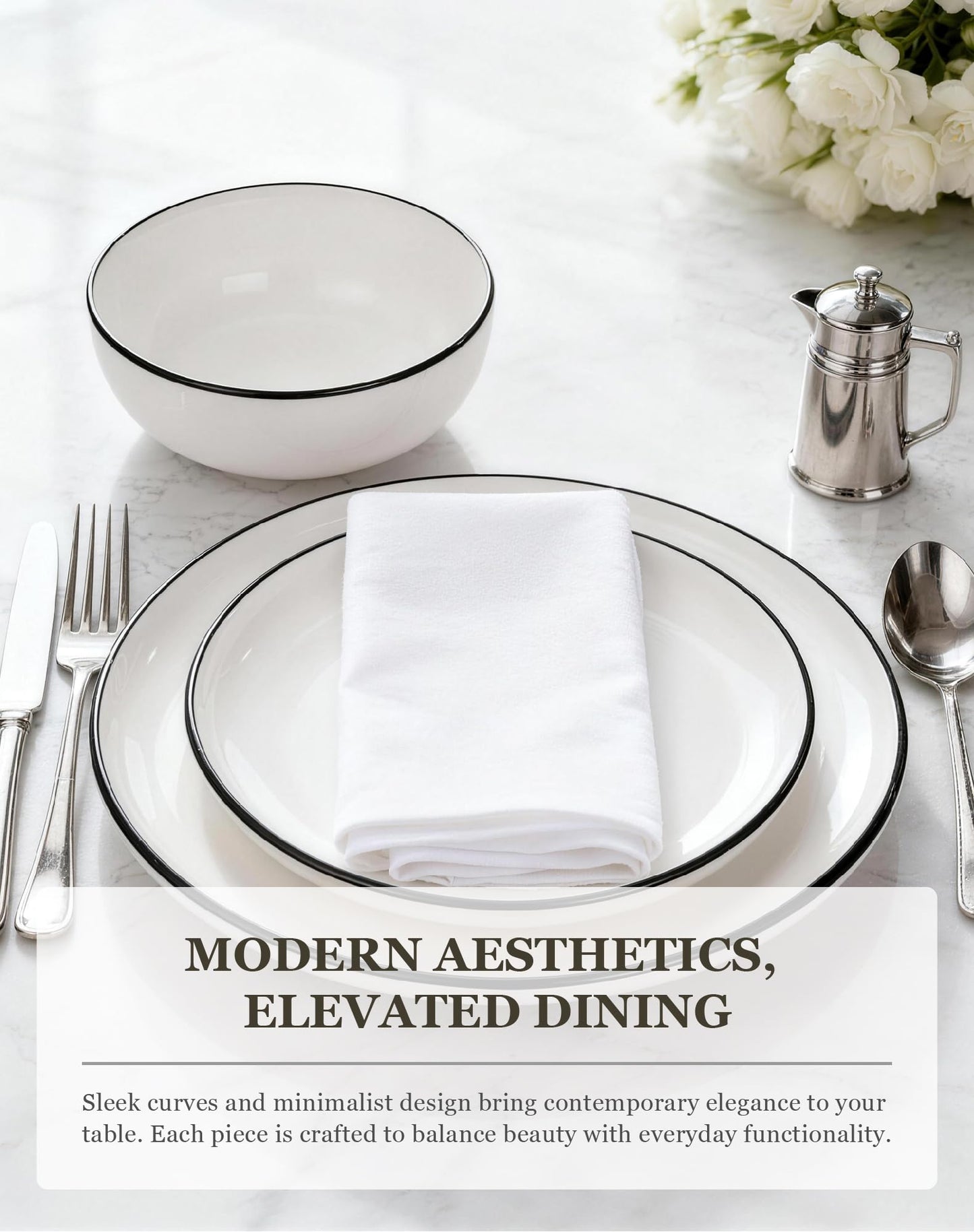 OTAGO 24-Piece Dinnerware Set for 6, White with rim Stoneware Plates and Bowls Sets, Ceramic Dish Set for Kitchen, Dinner & Dining, Microwave & Dishwasher Safe