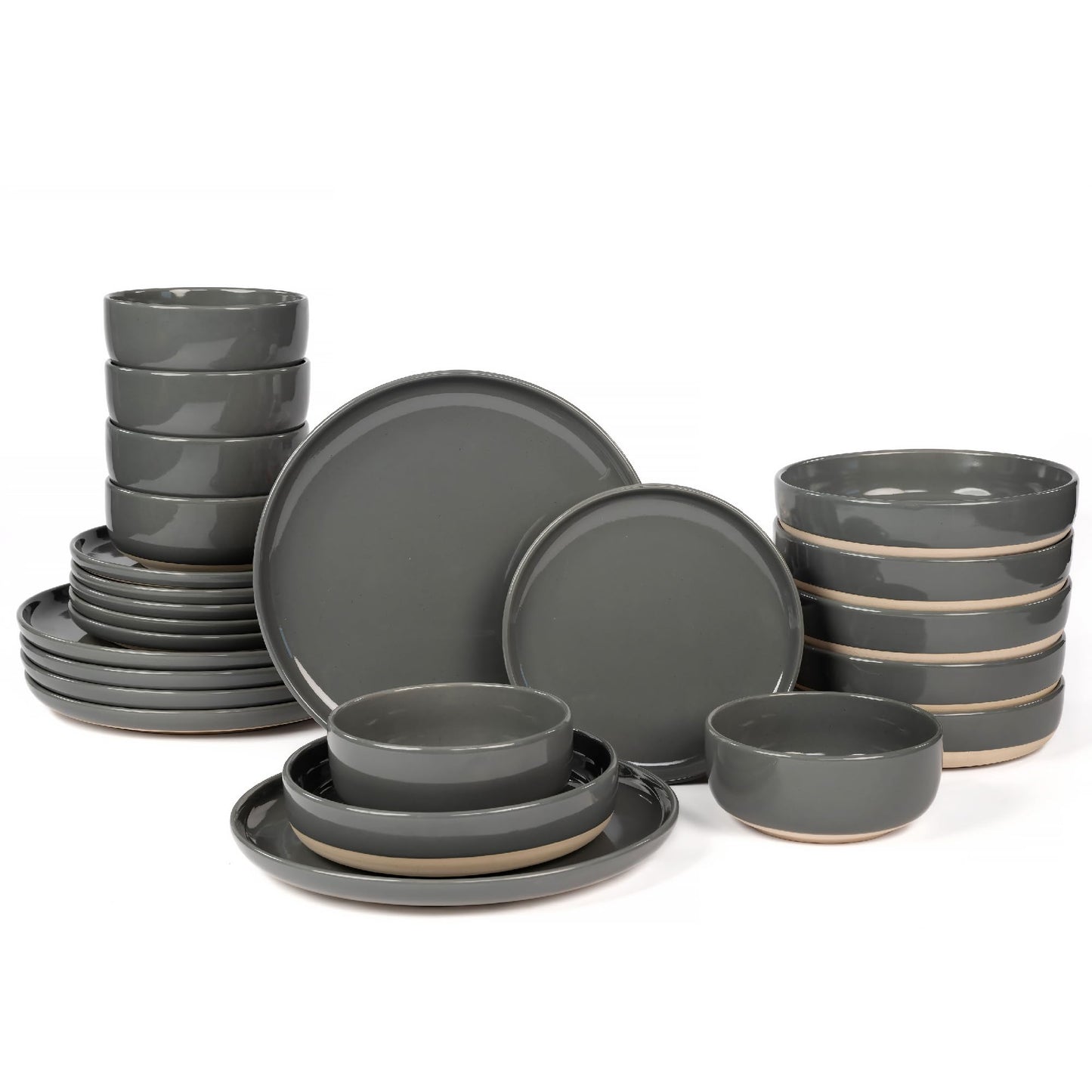 OTAGO 24-Piece Dinnerware Sets for 4, Ceramic Plates and Bowls Set with Partially Unglazed Base, Handcrafted Look, Stoneware Dishes Set for Kitchen, Dinner & Dining, Microwave & Dishwasher Safe