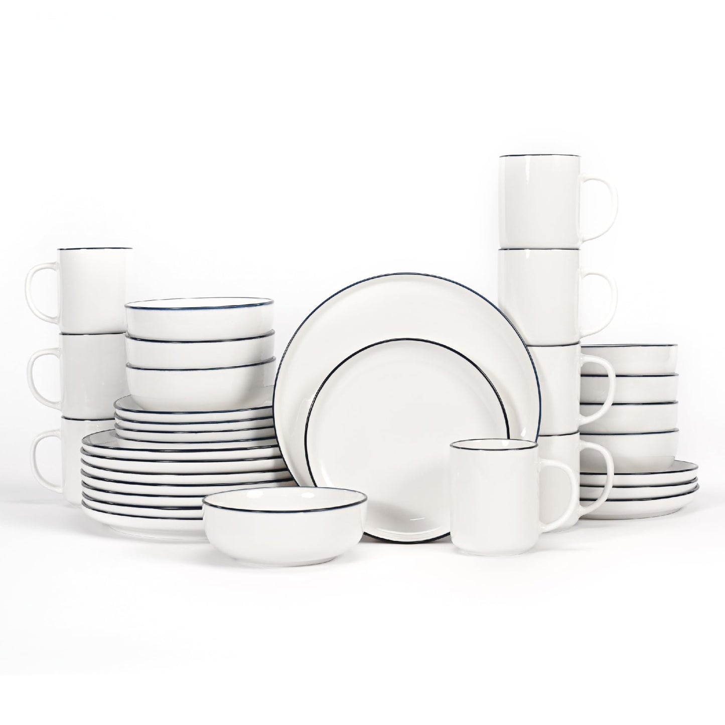OTAGO 32-Piece Dinnerware Set for 8 with 8 Mugs, White with rim Stoneware Plates and Bowls Sets, Ceramic Dish Set for Kitchen, Dinner & Dining, Microwave & Dishwasher Safe