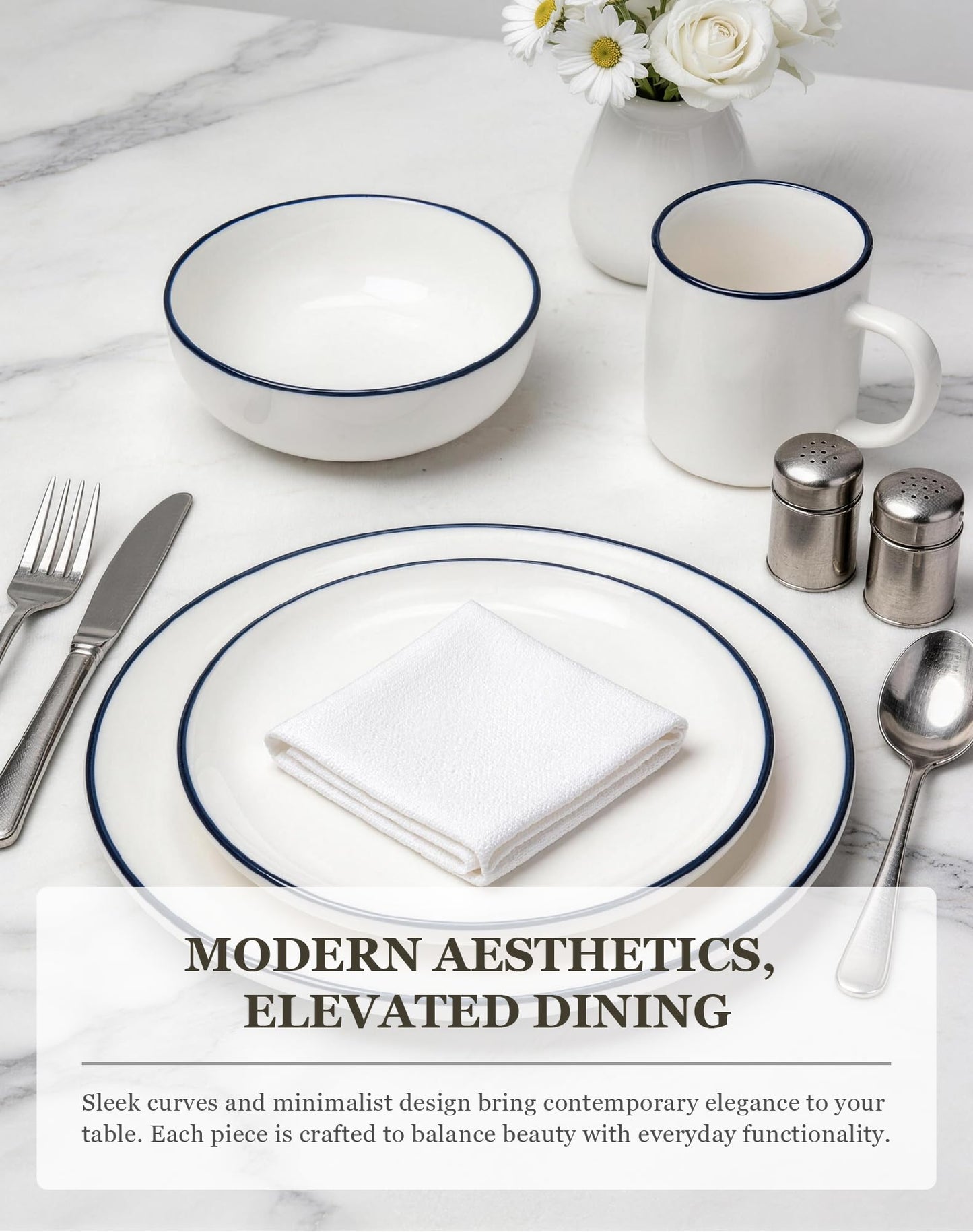 OTAGO 32-Piece Dinnerware Set for 8 with 8 Mugs, White with rim Stoneware Plates and Bowls Sets, Ceramic Dish Set for Kitchen, Dinner & Dining, Microwave & Dishwasher Safe