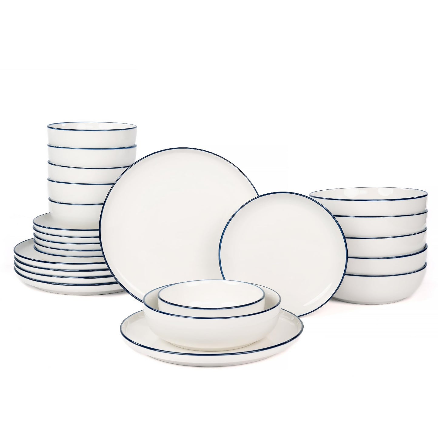 OTAGO 24-Piece Dinnerware Set for 6, White with rim Stoneware Plates and Bowls Sets, Ceramic Dish Set for Kitchen, Dinner & Dining, Microwave & Dishwasher Safe