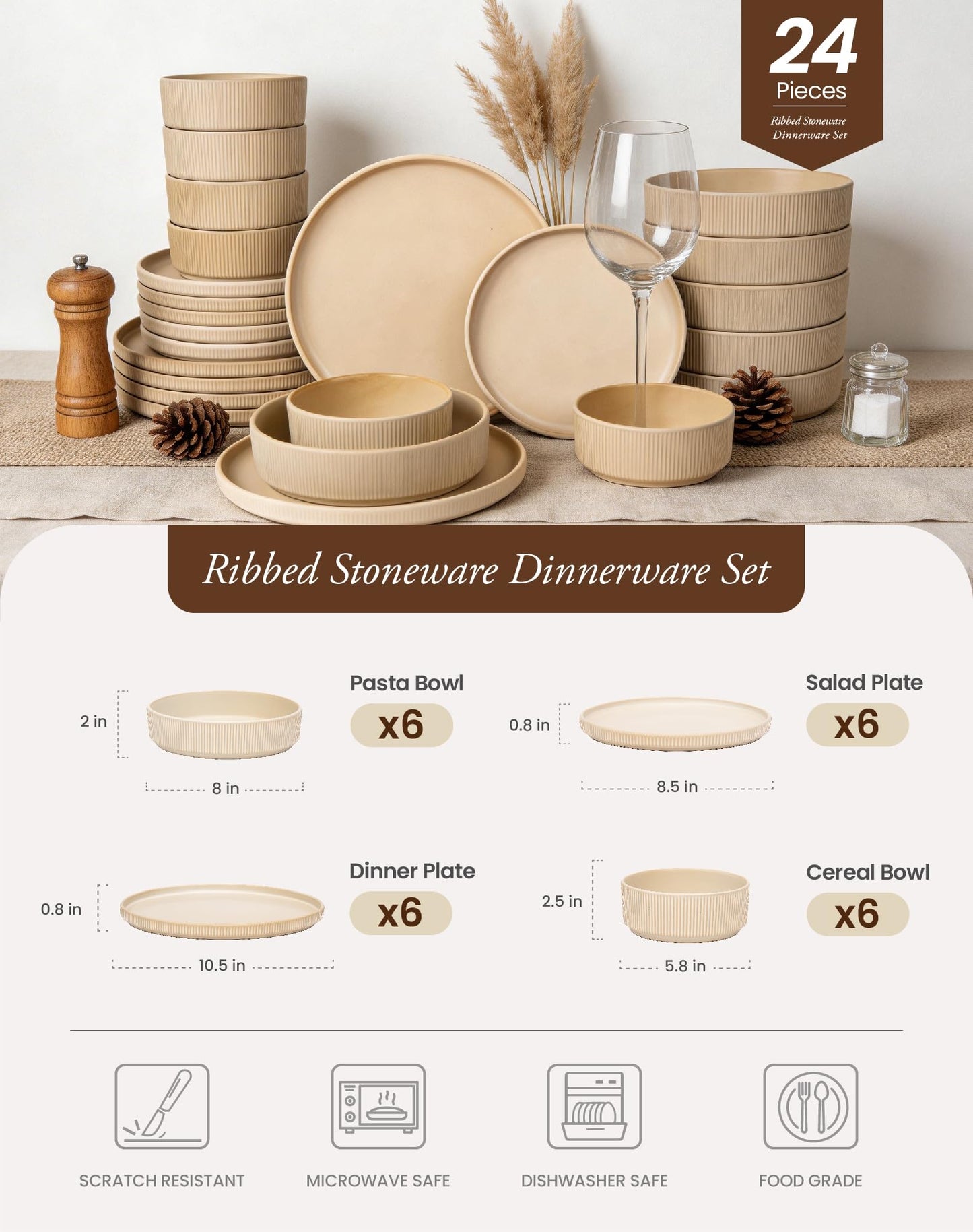OTAGO 24-Piece Stoneware Dinnerware Set for 6, Ribbed Plates and Bowls Dish Set, Matte Reactive Black, Microwave & Dishwasher Safe, for Kitchen, Dinner & Dining