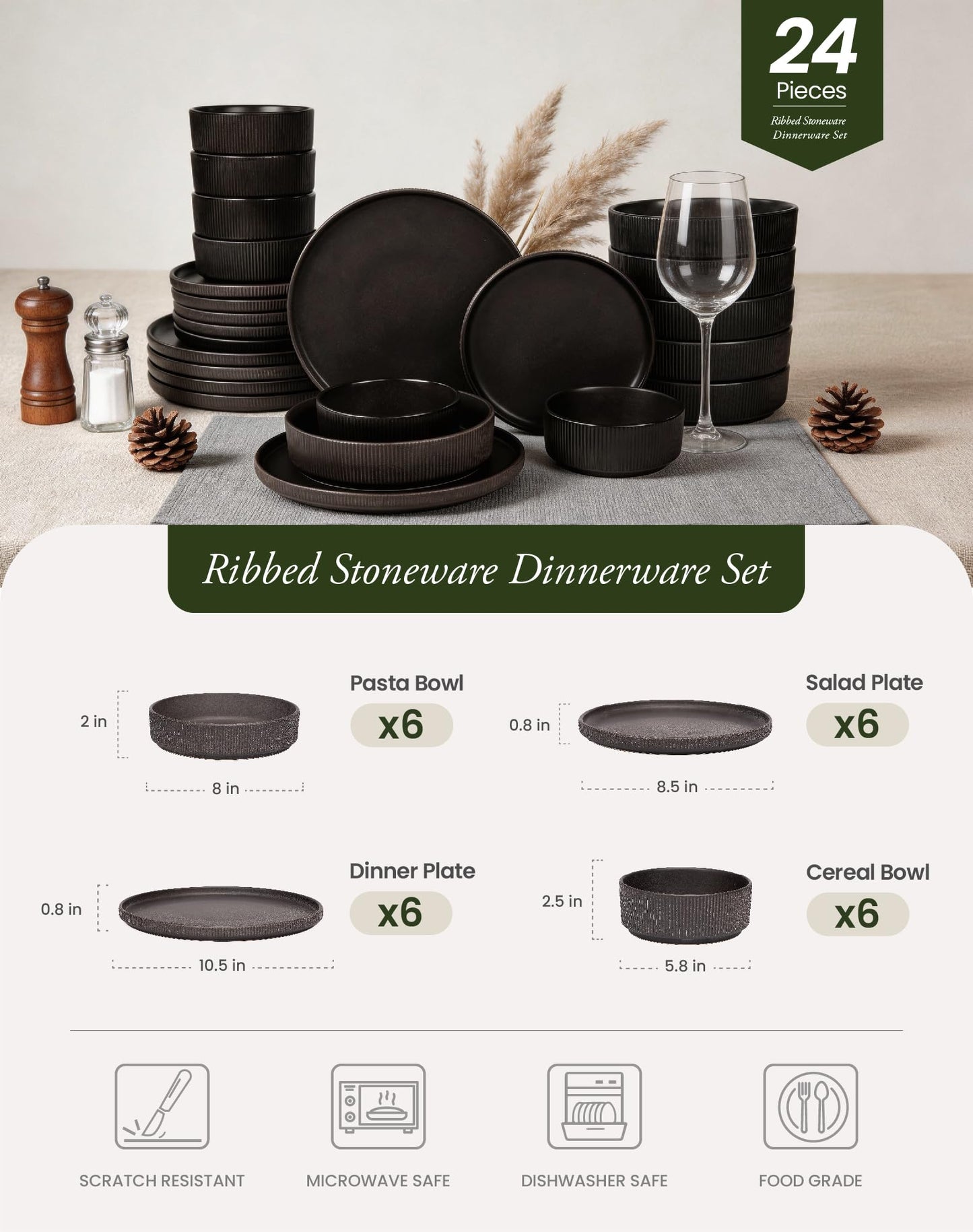 OTAGO 24-Piece Stoneware Dinnerware Set for 6, Ribbed Plates and Bowls Dish Set, Matte Reactive Black, Microwave & Dishwasher Safe, for Kitchen, Dinner & Dining