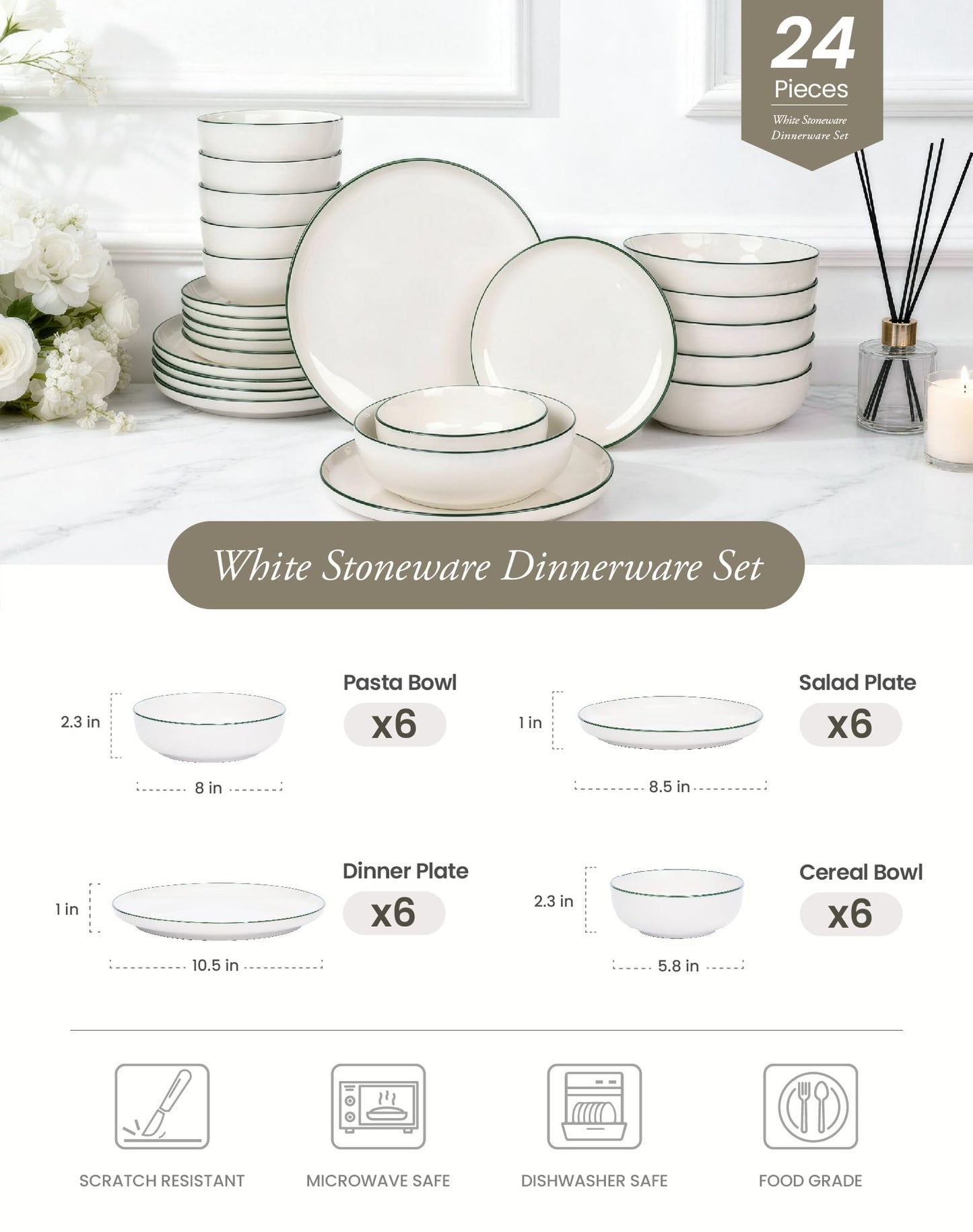 OTAGO 24-Piece Dinnerware Set for 6, White with rim Stoneware Plates and Bowls Sets, Ceramic Dish Set for Kitchen, Dinner & Dining, Microwave & Dishwasher Safe