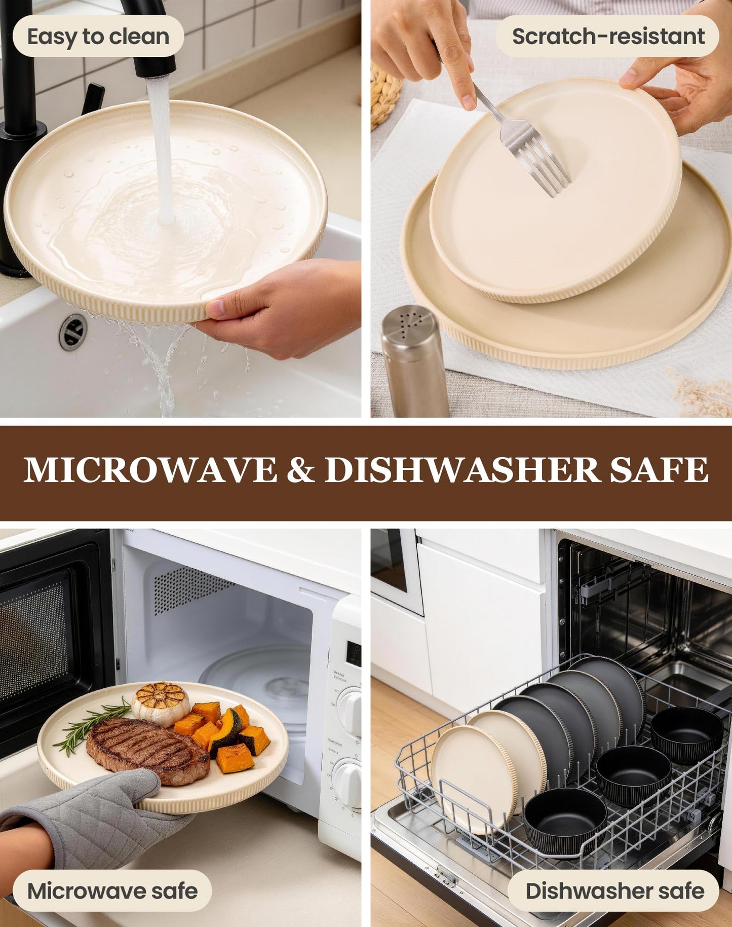 OTAGO 24-Piece Stoneware Dinnerware Set for 6, Ribbed Plates and Bowls Dish Set, Matte Reactive Black, Microwave & Dishwasher Safe, for Kitchen, Dinner & Dining