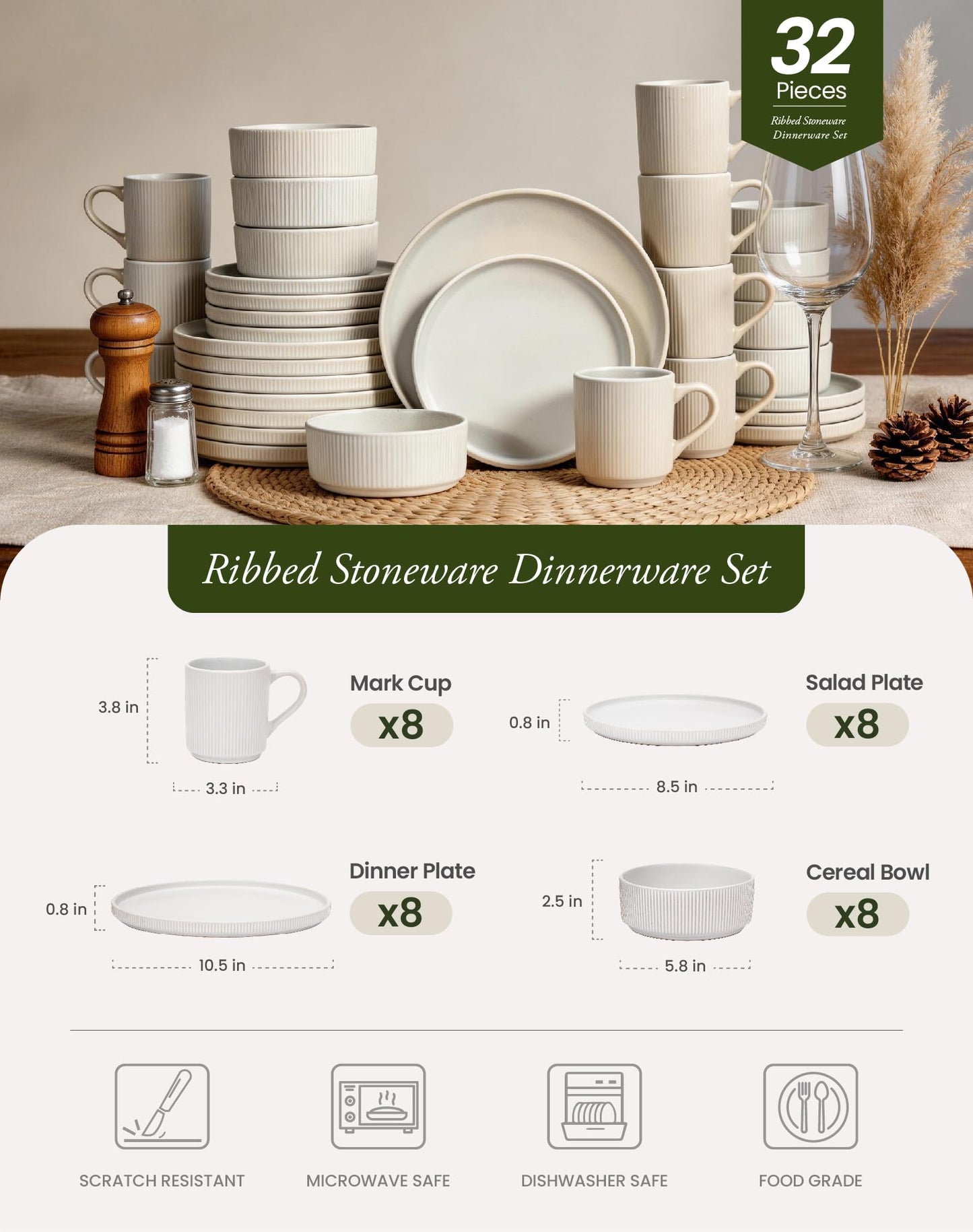 OTAGO 32-Piece Stoneware Dinnerware Set, Plates and Bowls Sets for 8 with Mugs, Ribbed Ceramic Dish Set, Microwave & Dishwasher Safe, for Kitchen, Dinner & Dining