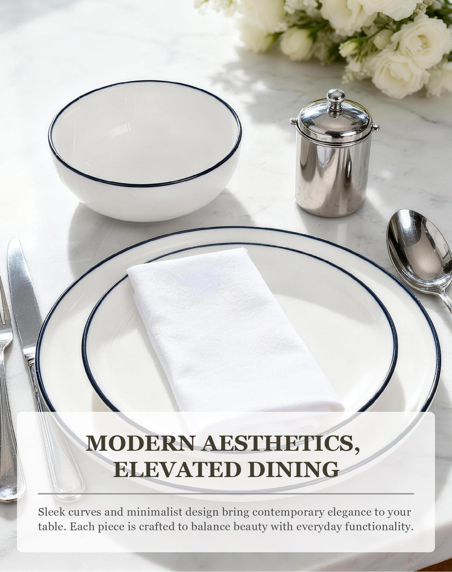 OTAGO 24-Piece Dinnerware Set for 6, White with rim Stoneware Plates and Bowls Sets, Ceramic Dish Set for Kitchen, Dinner & Dining, Microwave & Dishwasher Safe