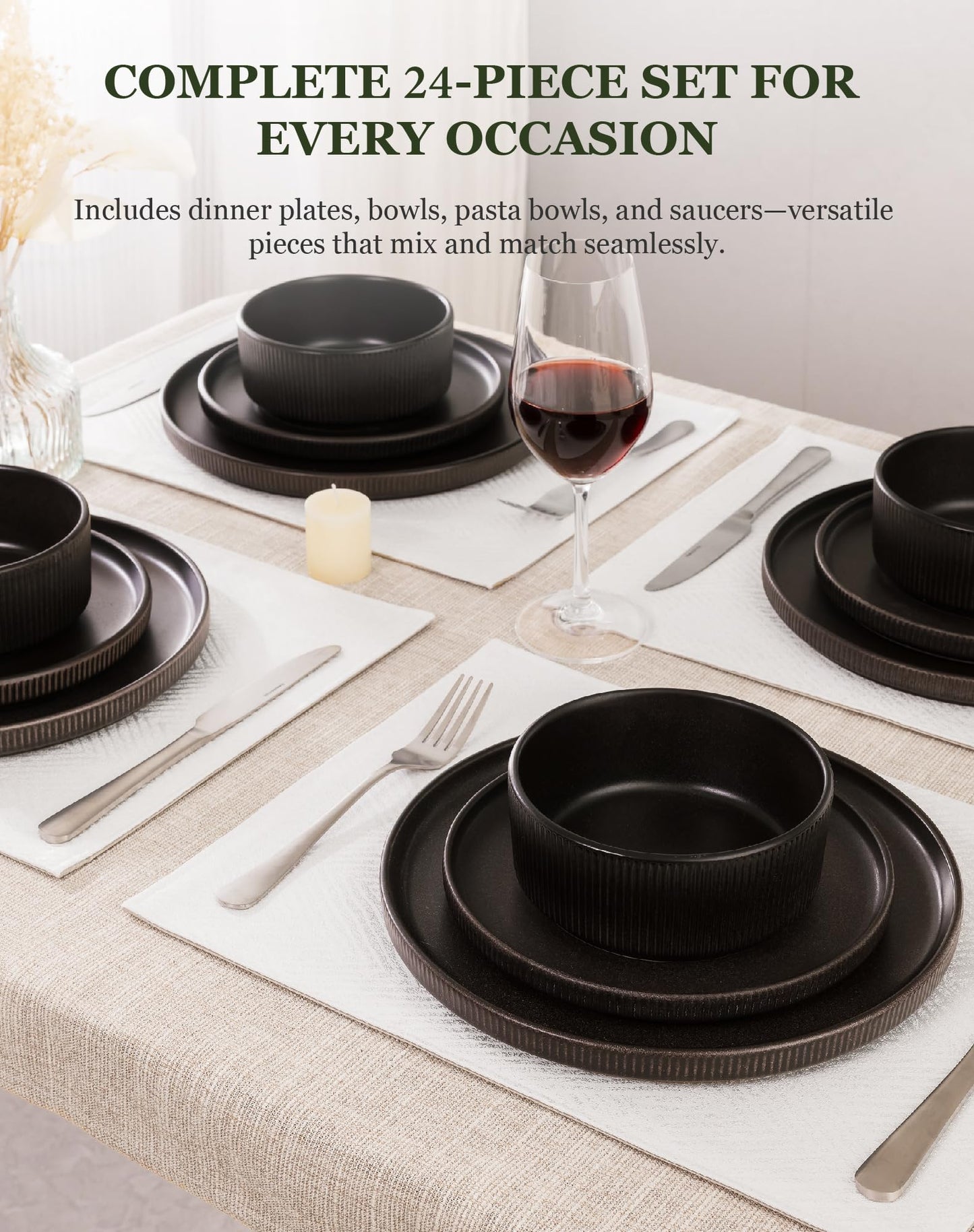 OTAGO 24-Piece Stoneware Dinnerware Set for 6, Ribbed Plates and Bowls Dish Set, Matte Reactive Black, Microwave & Dishwasher Safe, for Kitchen, Dinner & Dining