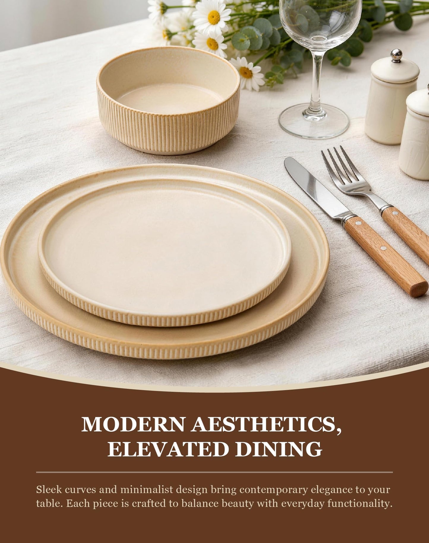 OTAGO 24-Piece Stoneware Dinnerware Set for 6, Ribbed Plates and Bowls Dish Set, Matte Reactive Black, Microwave & Dishwasher Safe, for Kitchen, Dinner & Dining