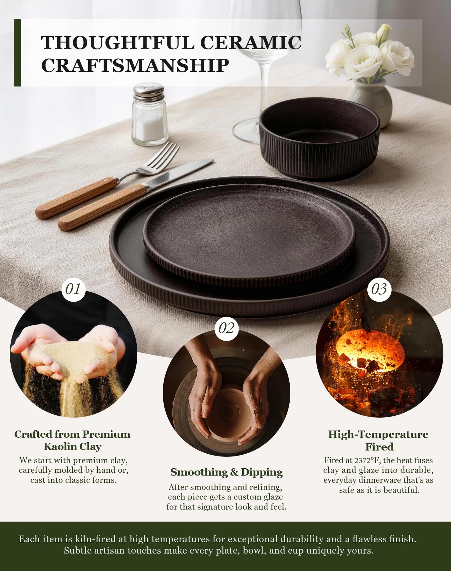 OTAGO 32-Piece Stoneware Dinnerware Set, Plates and Bowls Sets for 8 with Mugs, Ribbed Ceramic Dish Set, Microwave & Dishwasher Safe, for Kitchen, Dinner & Dining