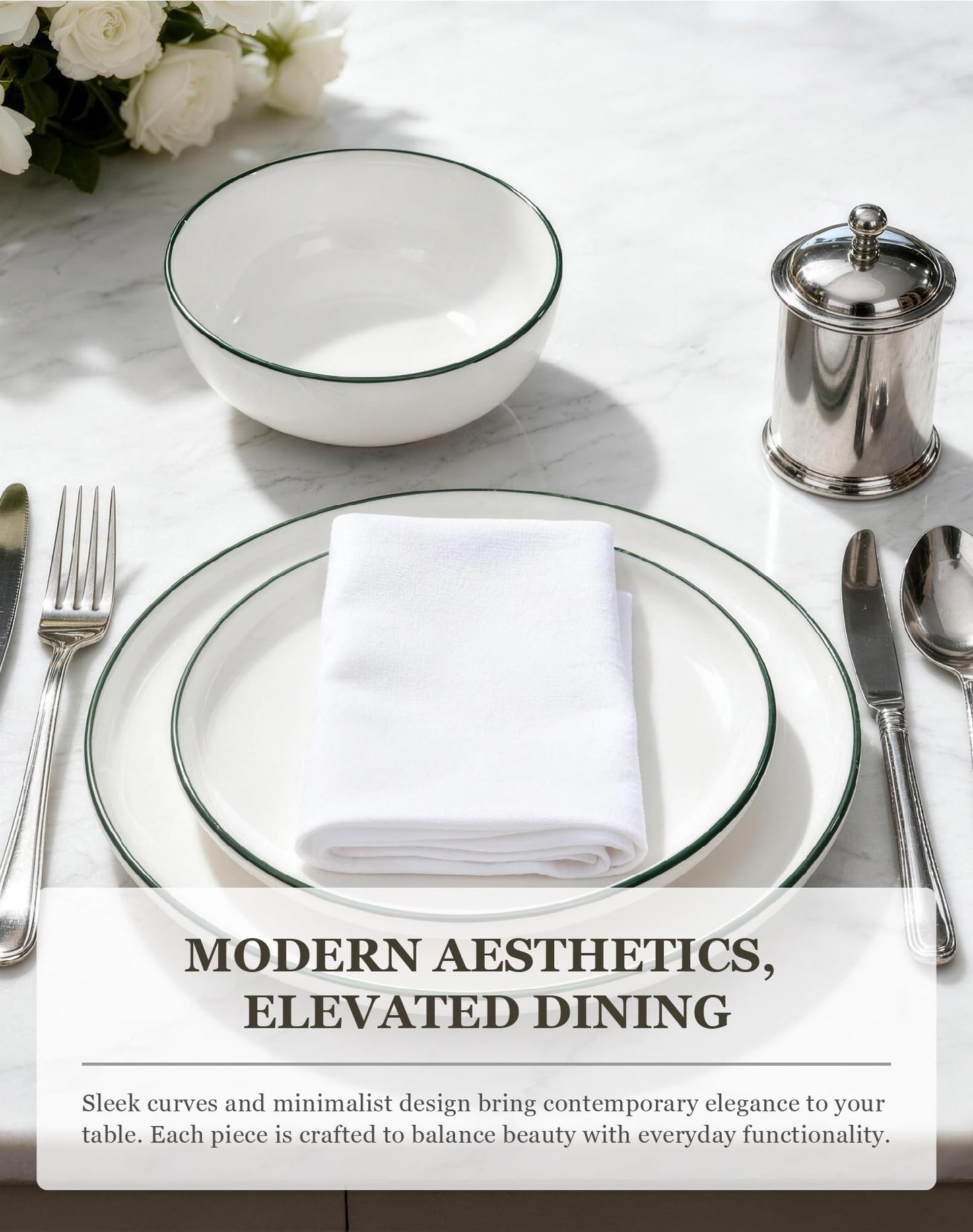 OTAGO 24-Piece Dinnerware Set for 6, White with rim Stoneware Plates and Bowls Sets, Ceramic Dish Set for Kitchen, Dinner & Dining, Microwave & Dishwasher Safe