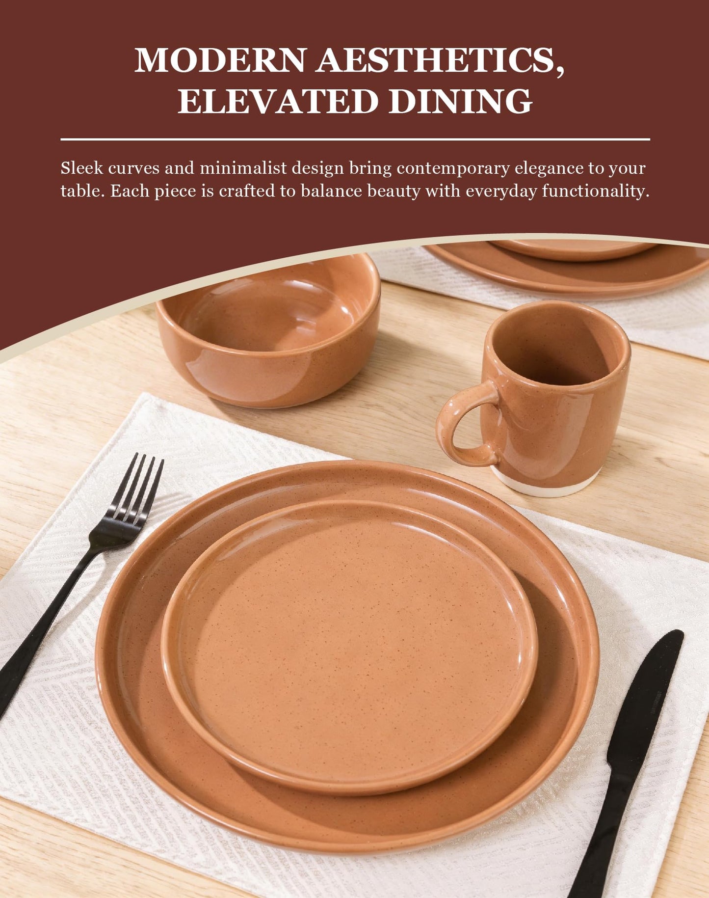 OTAGO 32-Piece Stoneware Dinnerware Set for 8 with Mugs, Plates and Bowls Sets Partially Unglazed Base, Scratch Resistant Ceramic Dish Set, Microwave & Dishwasher Safe for Kitchen Dinner Dining