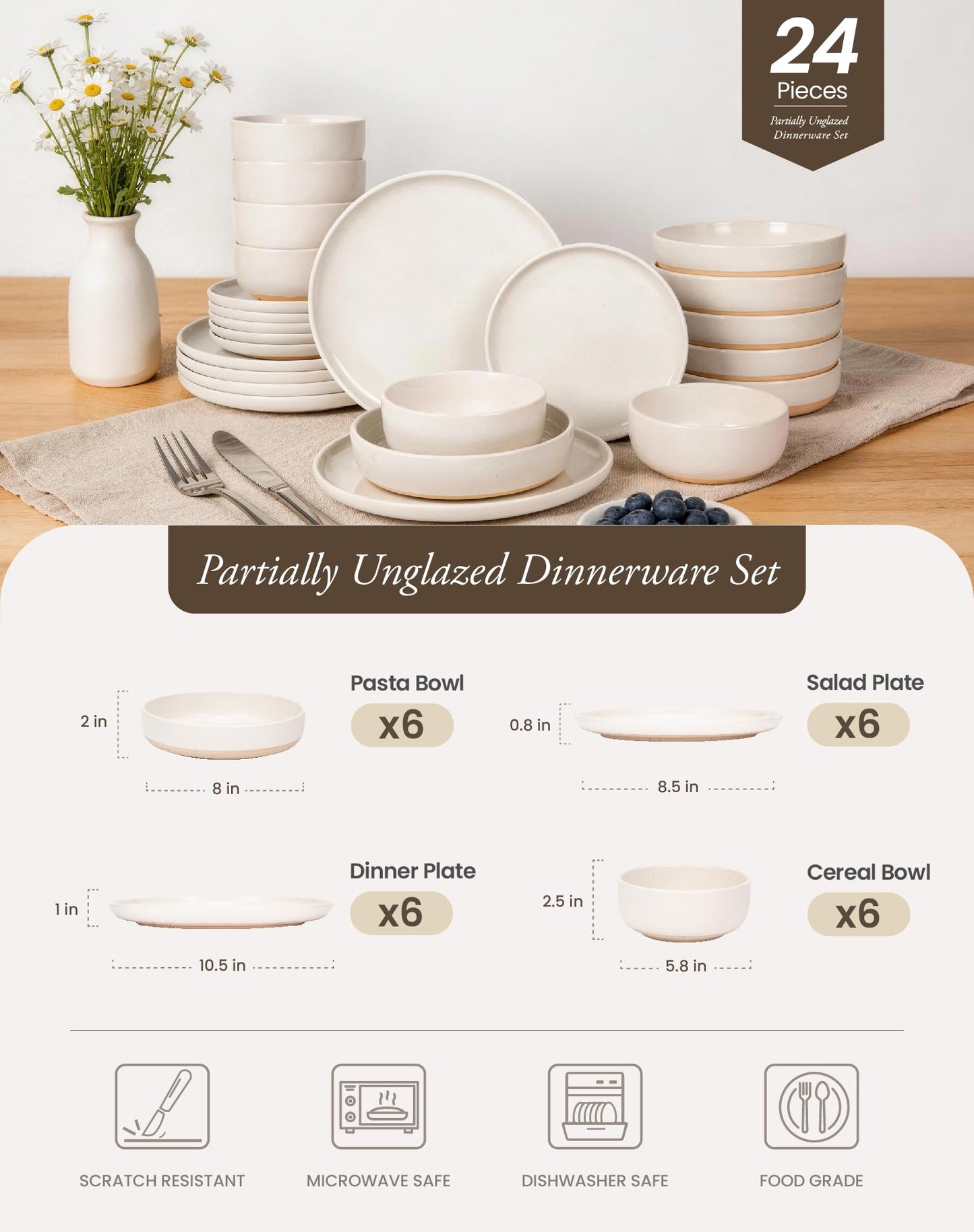 OTAGO 24-Piece Dinnerware Sets for 4, Ceramic Plates and Bowls Set with Partially Unglazed Base, Handcrafted Look, Stoneware Dishes Set for Kitchen, Dinner & Dining, Microwave & Dishwasher Safe