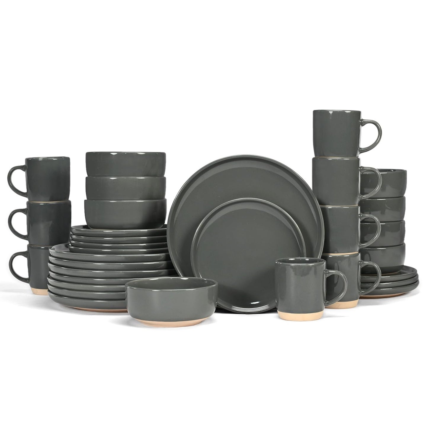 OTAGO 32-Piece Stoneware Dinnerware Set for 8 with Mugs, Plates and Bowls Sets Partially Unglazed Base, Scratch Resistant Ceramic Dish Set, Microwave & Dishwasher Safe for Kitchen Dinner Dining
