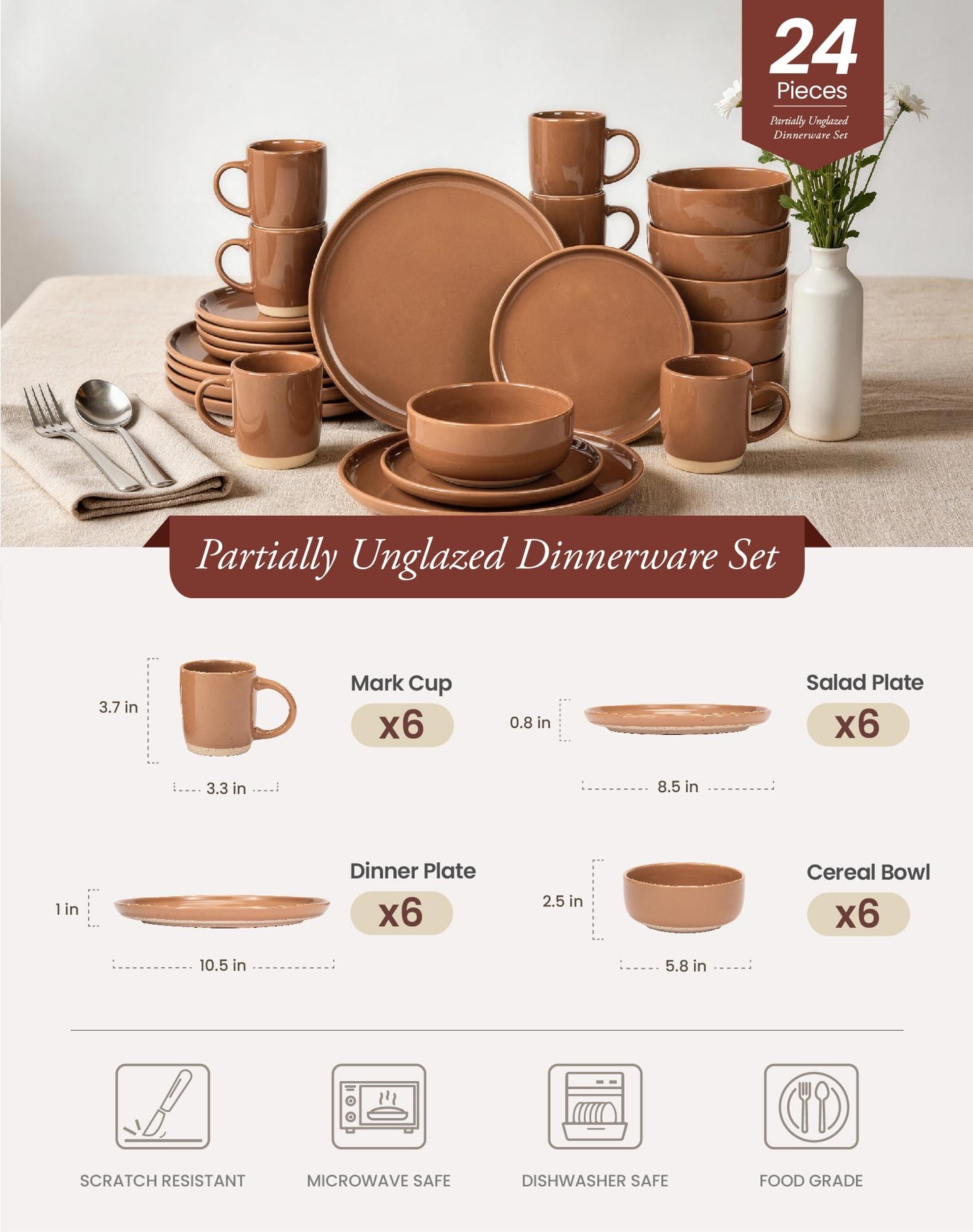 OTAGO 24-Piece Dinnerware Sets Partially Unglazed Base