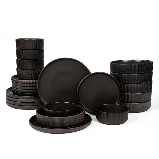 OTAGO 24-Piece Stoneware Dinnerware Set for 6, Ribbed Plates and Bowls Dish Set, Matte Reactive Black, Microwave & Dishwasher Safe, for Kitchen, Dinner & Dining