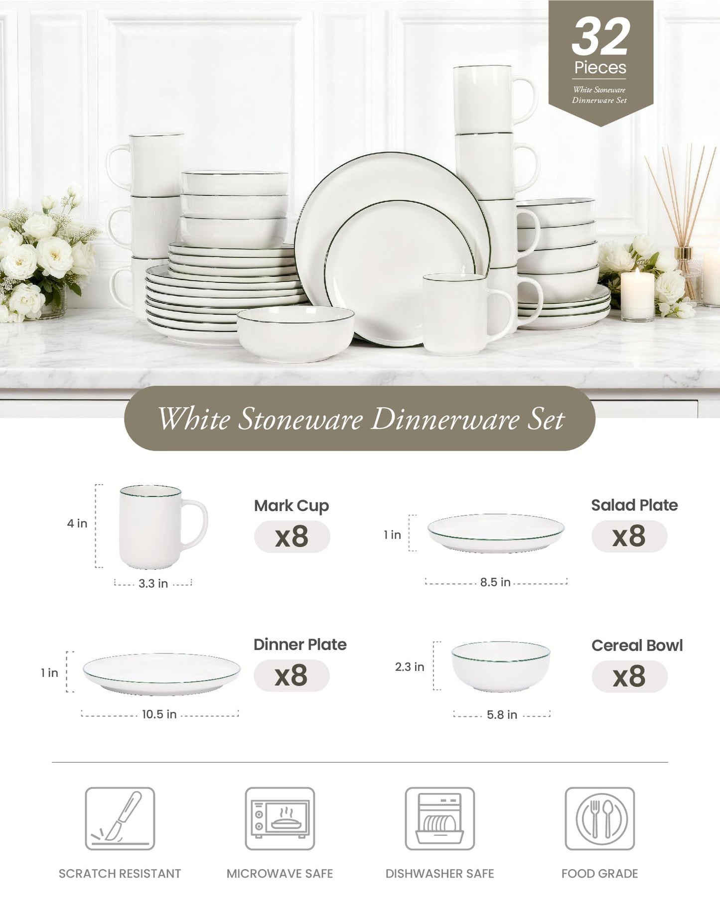 OTAGO 32-Piece Dinnerware Set for 8 with 8 Mugs, White with rim Stoneware Plates and Bowls Sets, Ceramic Dish Set for Kitchen, Dinner & Dining, Microwave & Dishwasher Safe