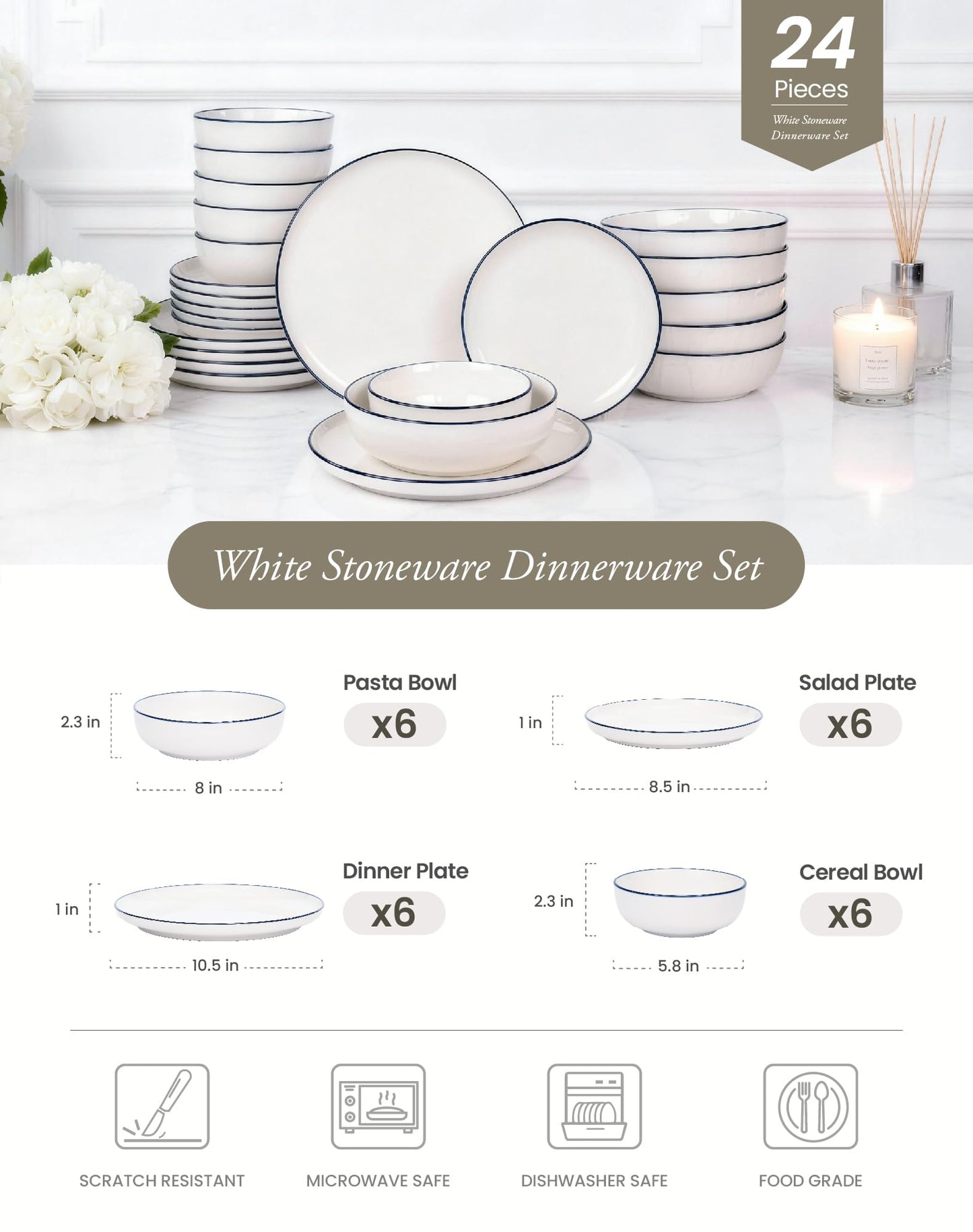 OTAGO 24-Piece Dinnerware Set for 6, White with rim Stoneware Plates and Bowls Sets, Ceramic Dish Set for Kitchen, Dinner & Dining, Microwave & Dishwasher Safe