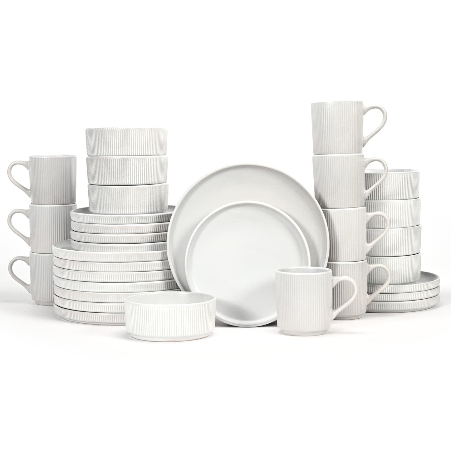 OTAGO 32-Piece Stoneware Dinnerware Set, Plates and Bowls Sets for 8 with Mugs, Ribbed Ceramic Dish Set, Microwave & Dishwasher Safe, for Kitchen, Dinner & Dining