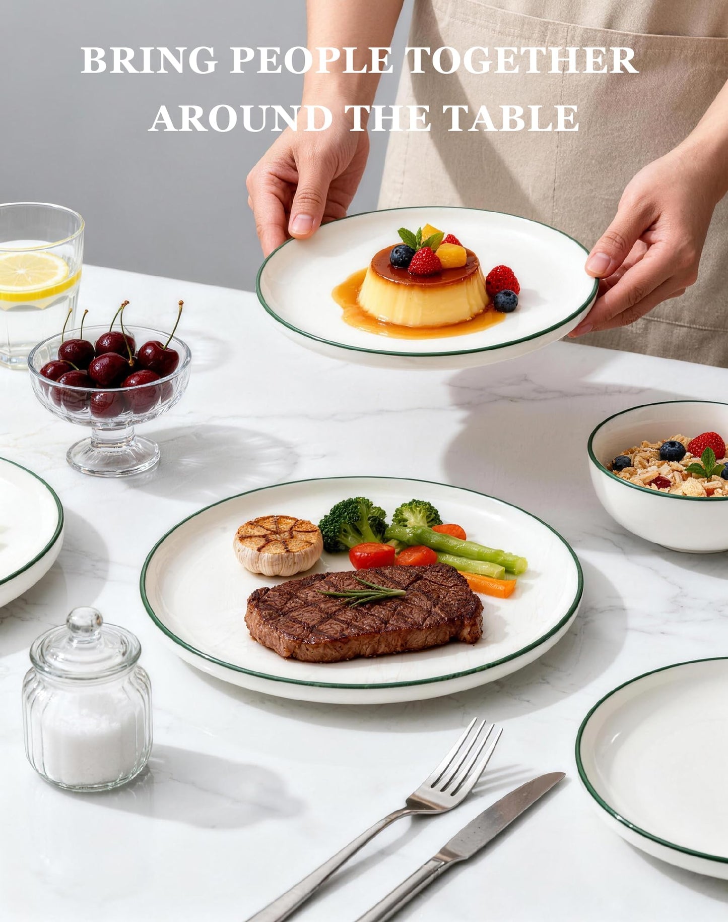 OTAGO 32-Piece Dinnerware Set for 8 with 8 Mugs, White with rim Stoneware Plates and Bowls Sets, Ceramic Dish Set for Kitchen, Dinner & Dining, Microwave & Dishwasher Safe