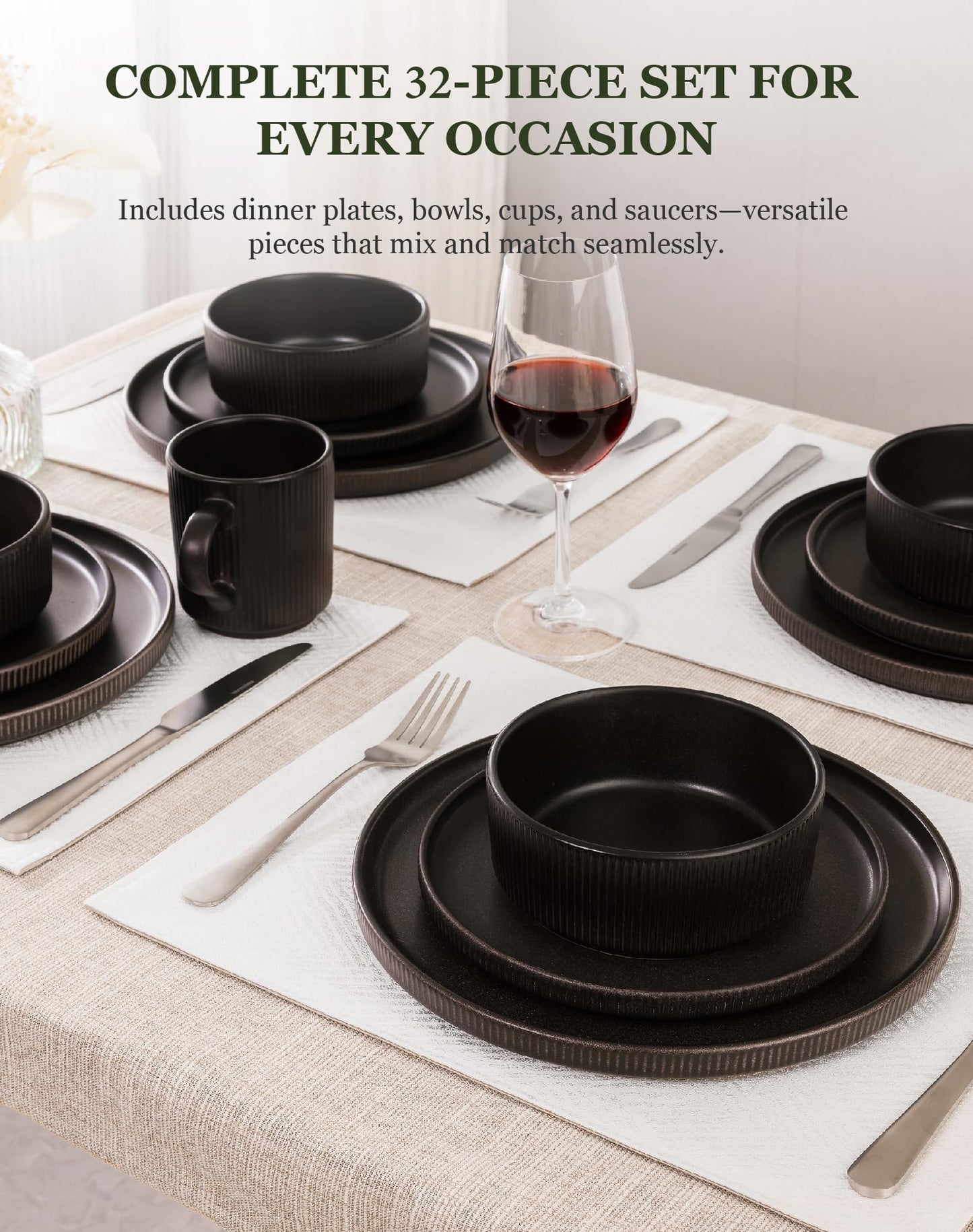 OTAGO 32-Piece Stoneware Dinnerware Set, Plates and Bowls Sets for 8 with Mugs, Ribbed Ceramic Dish Set, Microwave & Dishwasher Safe, for Kitchen, Dinner & Dining