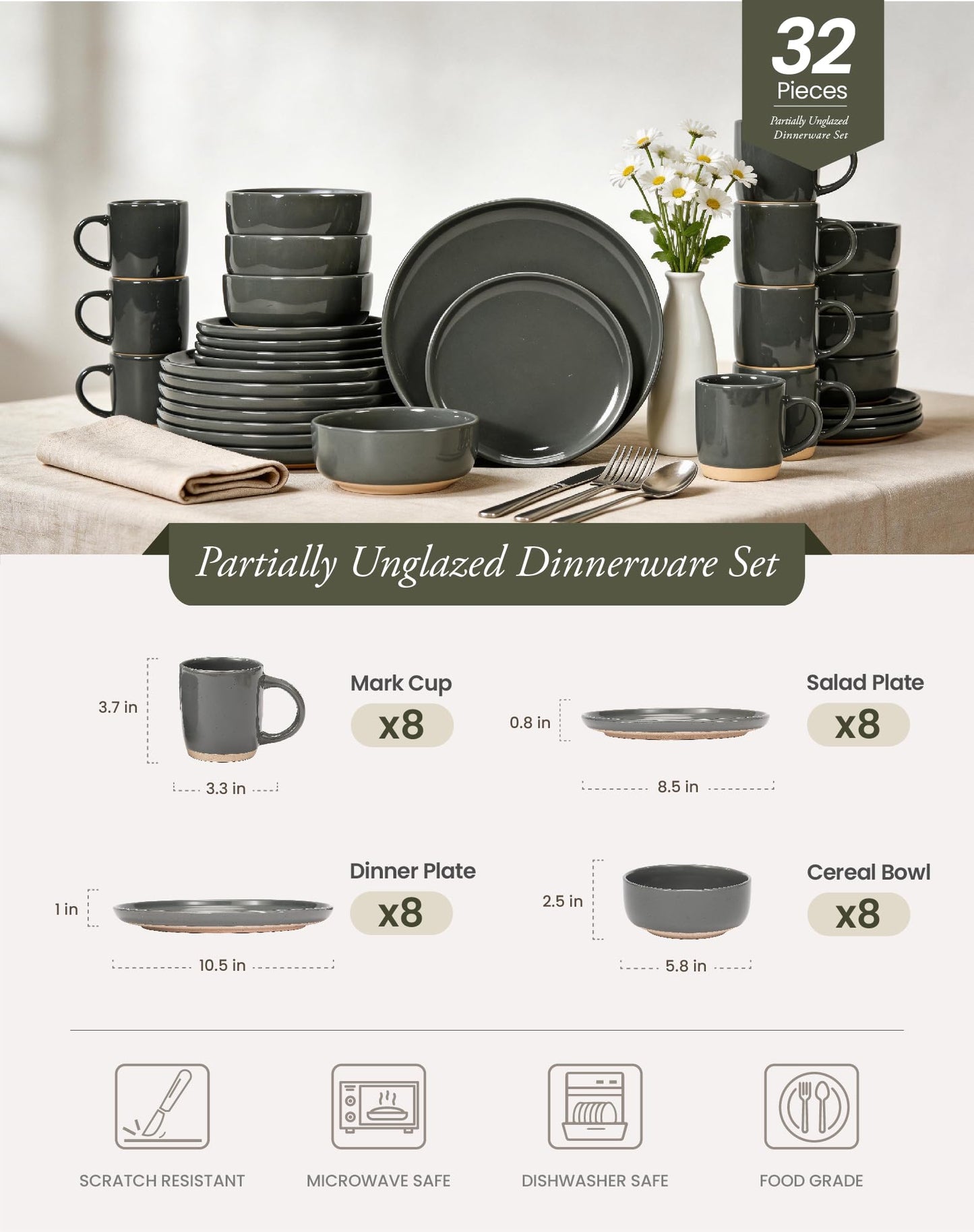 OTAGO 32-Piece Stoneware Dinnerware Set for 8 with Mugs, Plates and Bowls Sets Partially Unglazed Base, Scratch Resistant Ceramic Dish Set, Microwave & Dishwasher Safe for Kitchen Dinner Dining