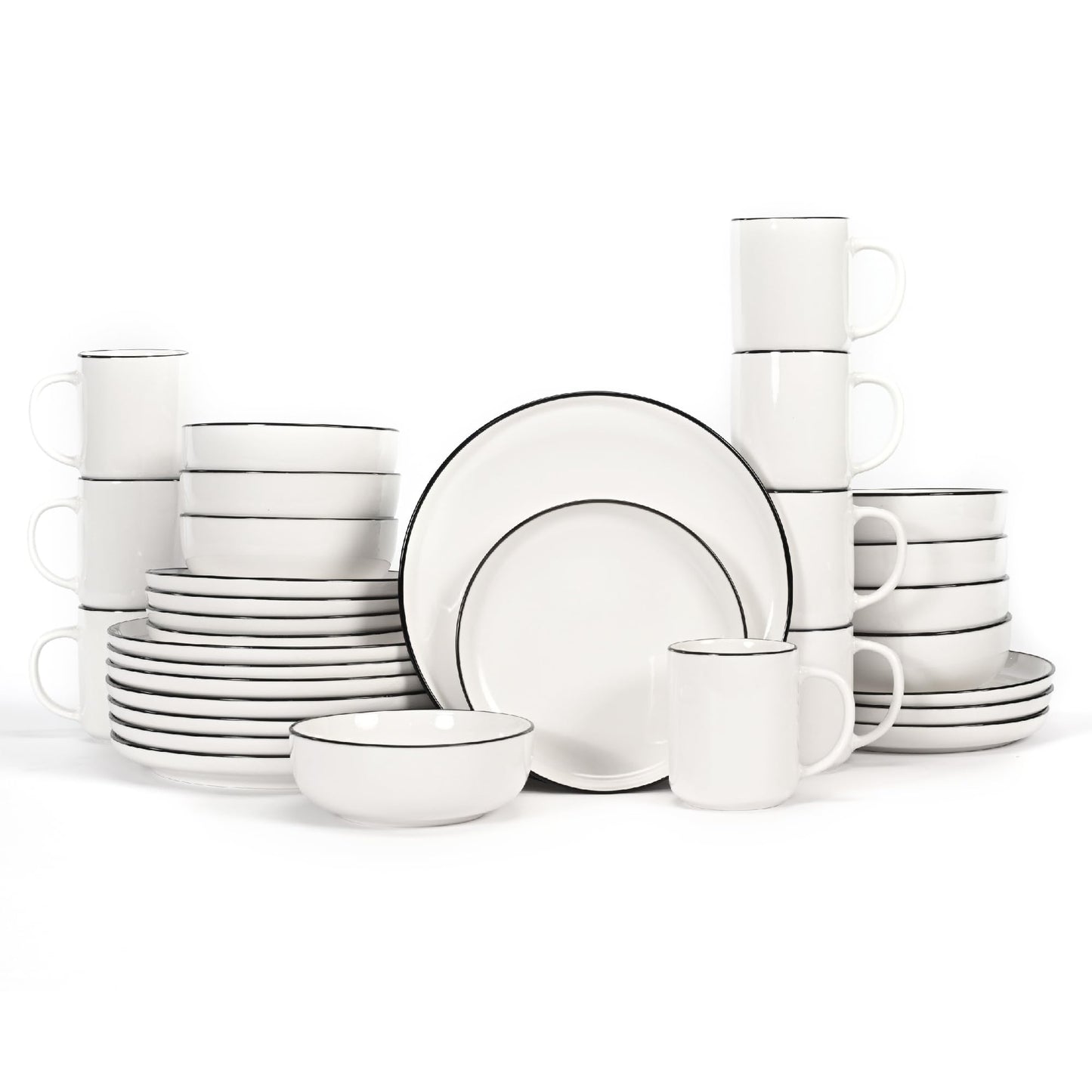 OTAGO 32-Piece Dinnerware Set for 8 with 8 Mugs, White with rim Stoneware Plates and Bowls Sets, Ceramic Dish Set for Kitchen, Dinner & Dining, Microwave & Dishwasher Safe