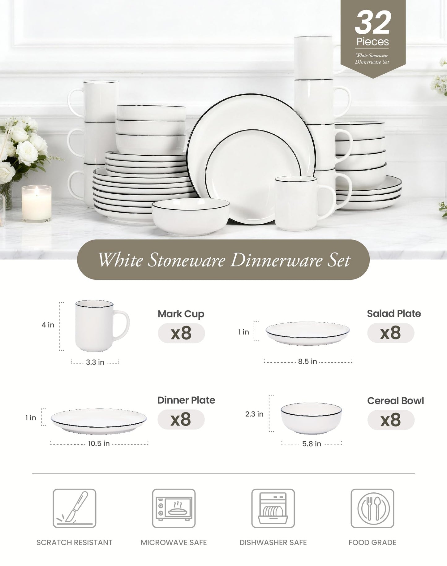 OTAGO 32-Piece Dinnerware Set for 8 with 8 Mugs, White with rim Stoneware Plates and Bowls Sets, Ceramic Dish Set for Kitchen, Dinner & Dining, Microwave & Dishwasher Safe