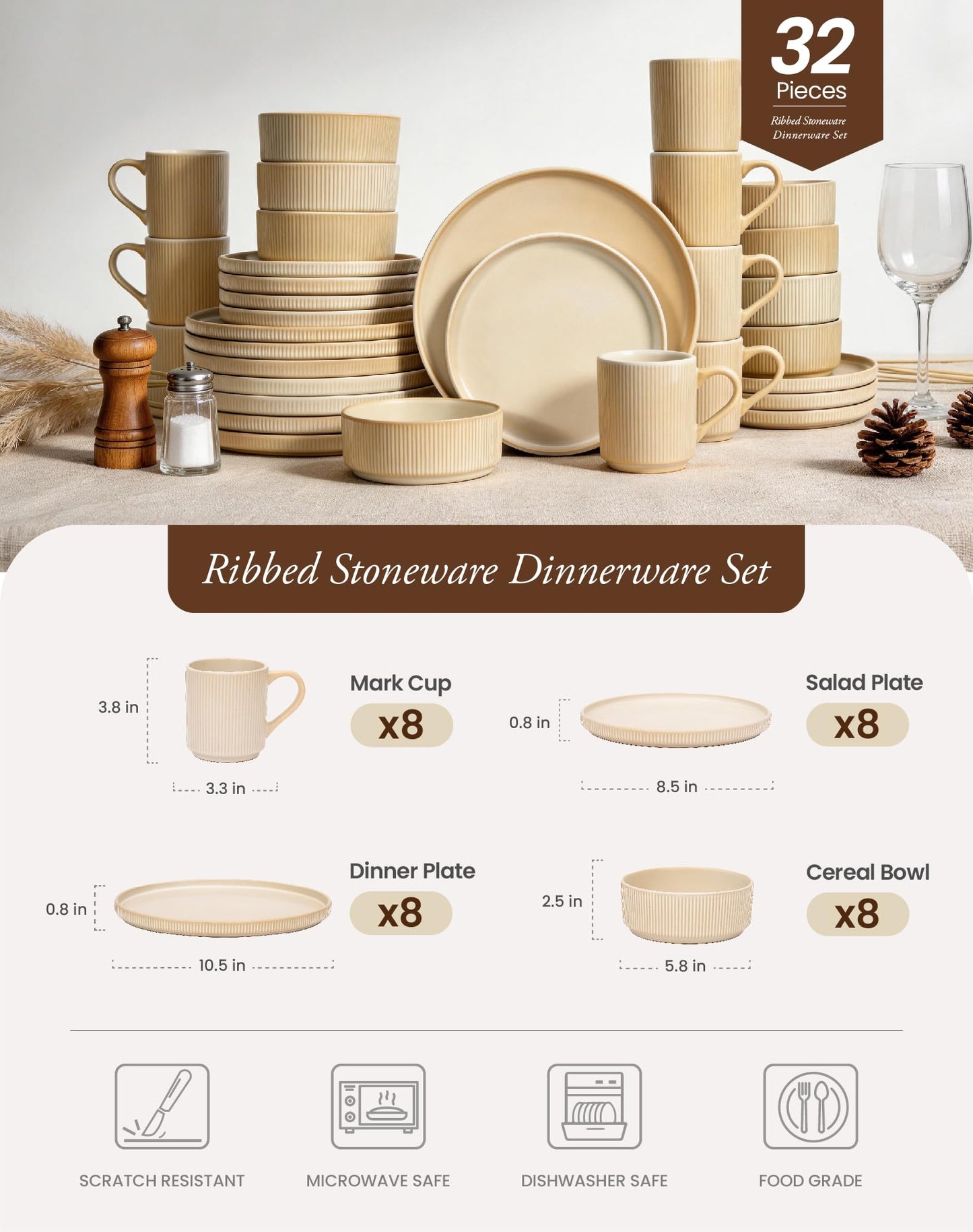 OTAGO 32-Piece Stoneware Dinnerware Set, Plates and Bowls Sets for 8 with Mugs, Ribbed Ceramic Dish Set, Microwave & Dishwasher Safe, for Kitchen, Dinner & Dining