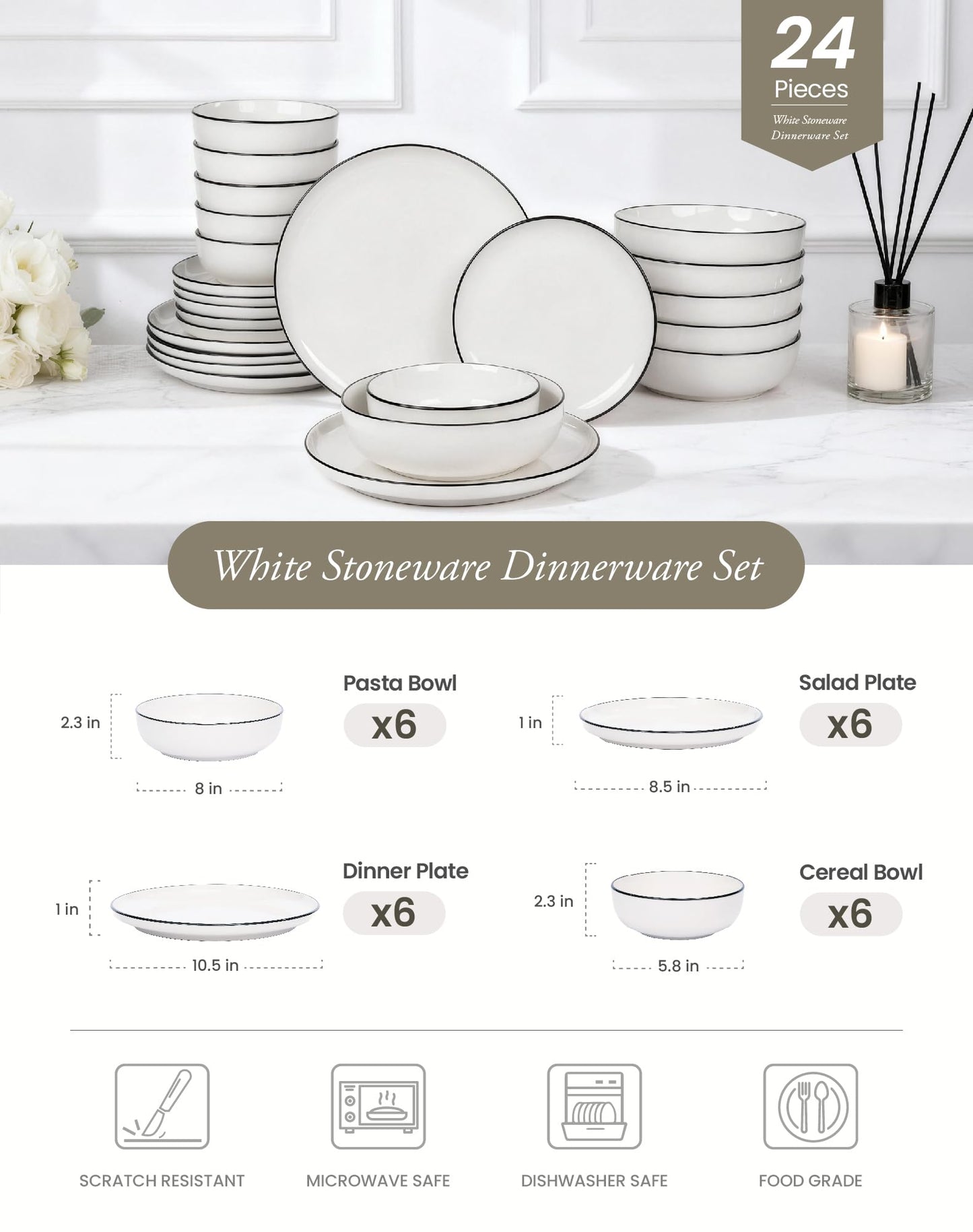 OTAGO 24-Piece Dinnerware Set for 6, White with rim Stoneware Plates and Bowls Sets, Ceramic Dish Set for Kitchen, Dinner & Dining, Microwave & Dishwasher Safe