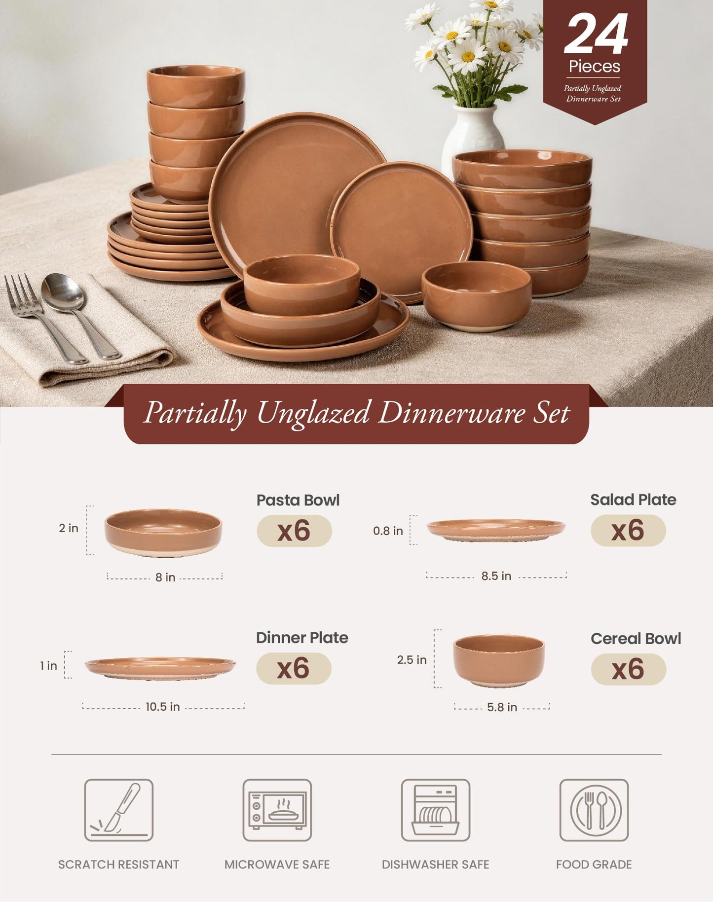 OTAGO 24-Piece Dinnerware Sets for 4, Ceramic Plates and Bowls Set with Partially Unglazed Base, Handcrafted Look, Stoneware Dishes Set for Kitchen, Dinner & Dining, Microwave & Dishwasher Safe