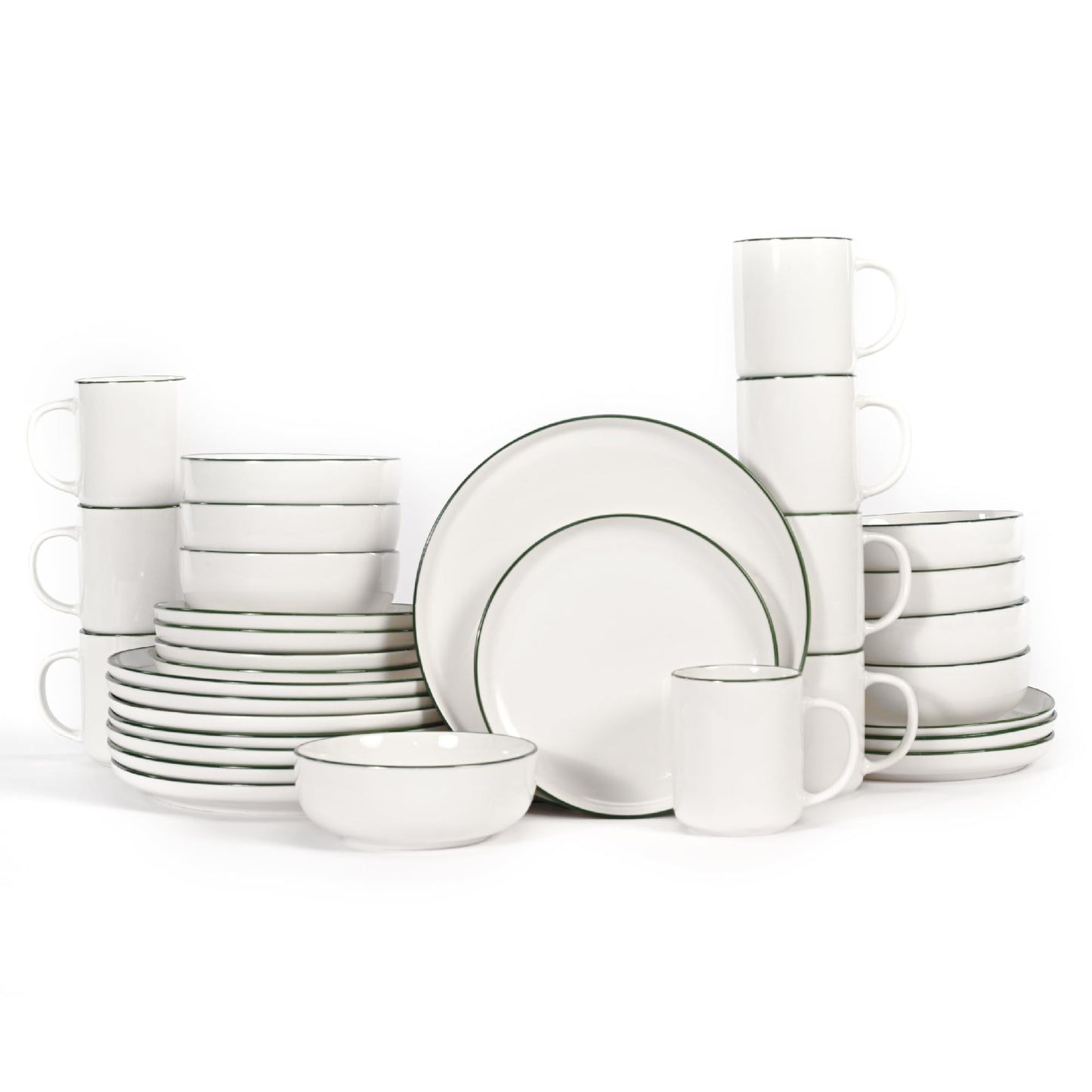 OTAGO 32-Piece Dinnerware Set for 8 with 8 Mugs, White with rim Stoneware Plates and Bowls Sets, Ceramic Dish Set for Kitchen, Dinner & Dining, Microwave & Dishwasher Safe
