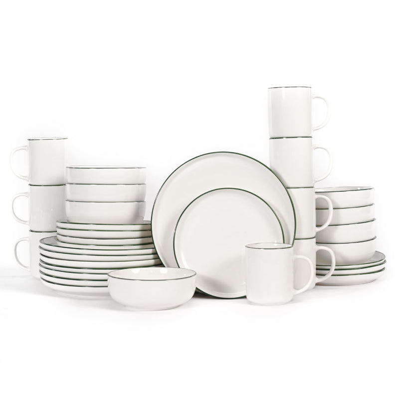 OTAGO 32-Piece Dinnerware Set for 8 with 8 Mugs, White with rim Stoneware Plates and Bowls Sets, Ceramic Dish Set for Kitchen, Dinner & Dining, Microwave & Dishwasher Safe