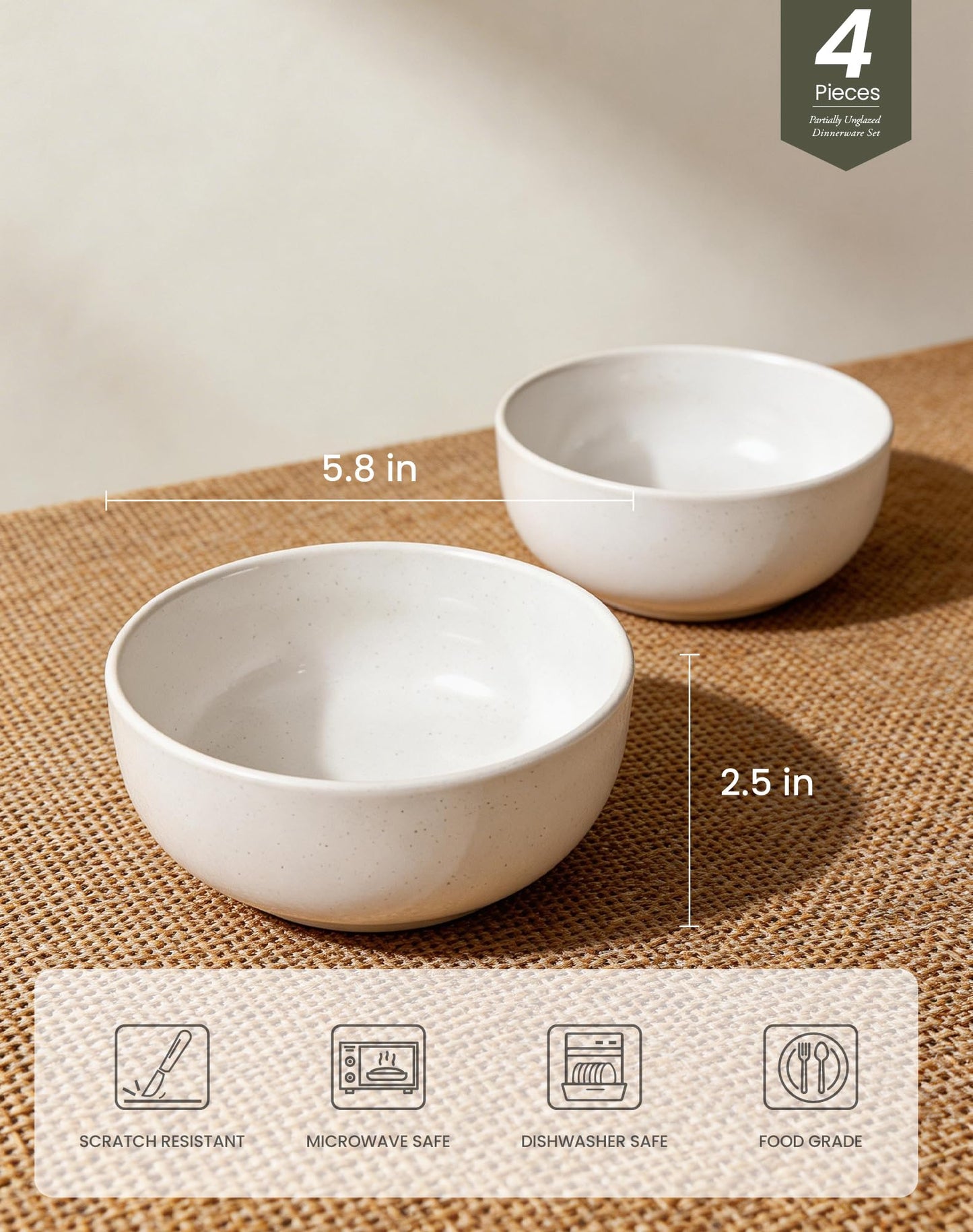 OTAGO 6" Ceramic Pasta Bowls, Stoneware Bowls Set of 4, Microwave & Dishwasher Safe Bowls with Rustic Underside for Pasta Salad