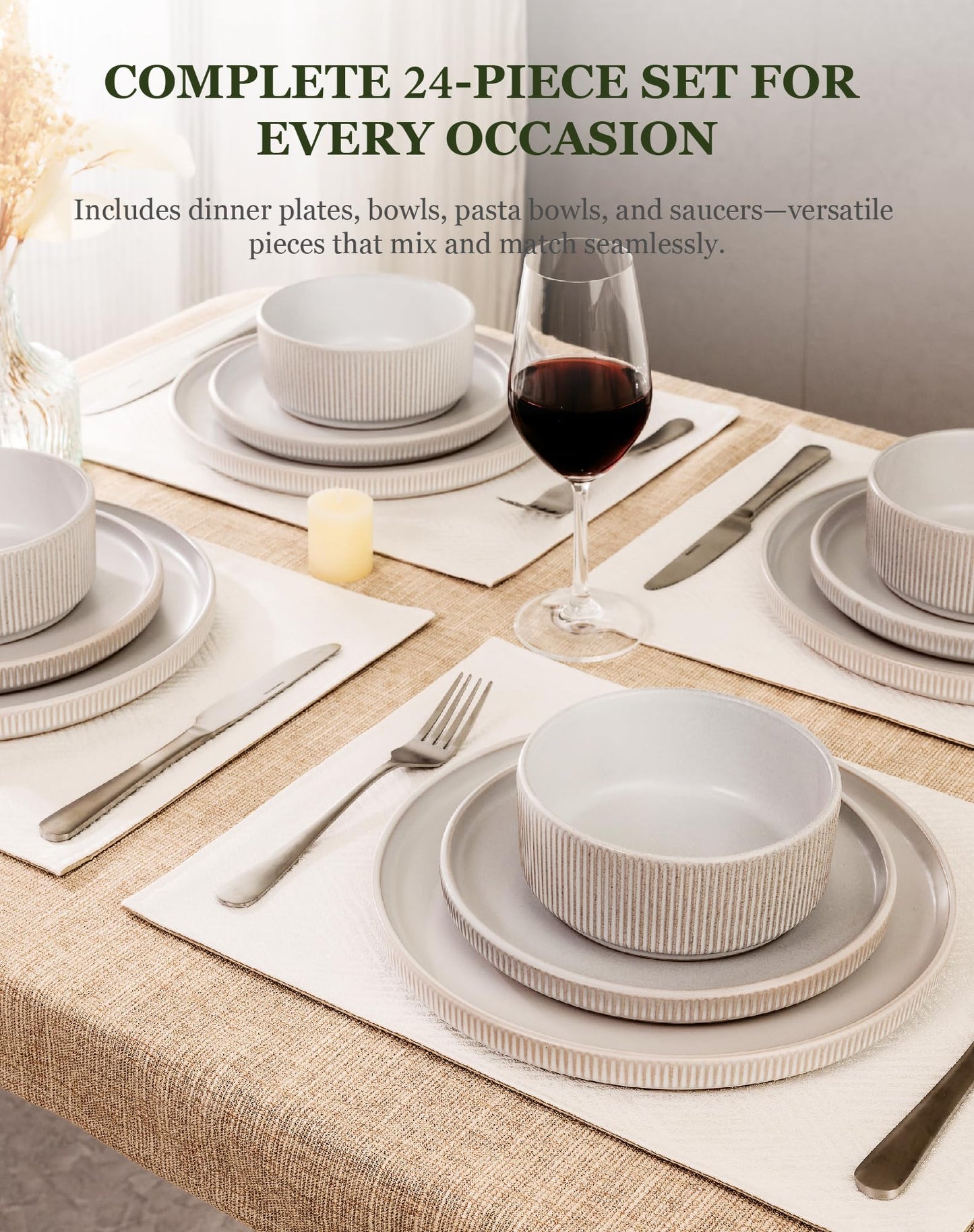 OTAGO 24-Piece Stoneware Dinnerware Set for 6, Ribbed Plates and Bowls Dish Set, Matte Reactive Black, Microwave & Dishwasher Safe, for Kitchen, Dinner & Dining