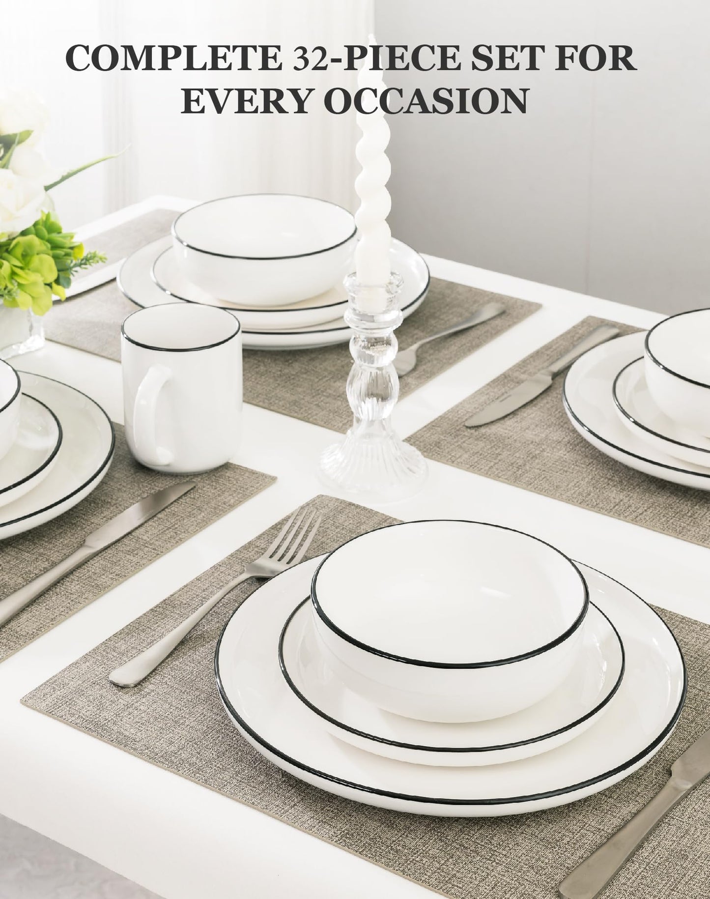 OTAGO 32-Piece Dinnerware Set for 8 with 8 Mugs, White with rim Stoneware Plates and Bowls Sets, Ceramic Dish Set for Kitchen, Dinner & Dining, Microwave & Dishwasher Safe