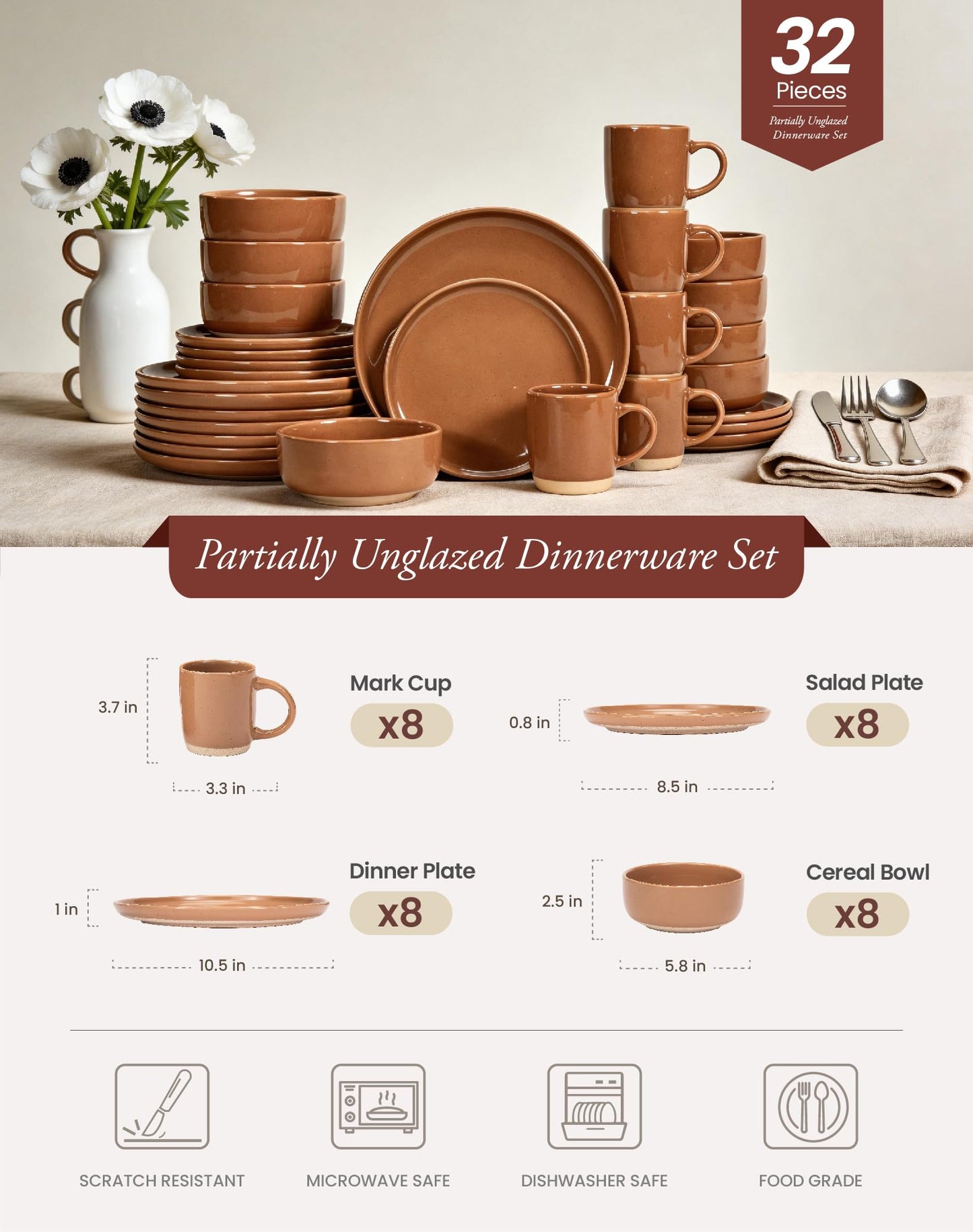 OTAGO 32-Piece Stoneware Dinnerware Set for 8 with Mugs, Plates and Bowls Sets Partially Unglazed Base, Scratch Resistant Ceramic Dish Set, Microwave & Dishwasher Safe for Kitchen Dinner Dining