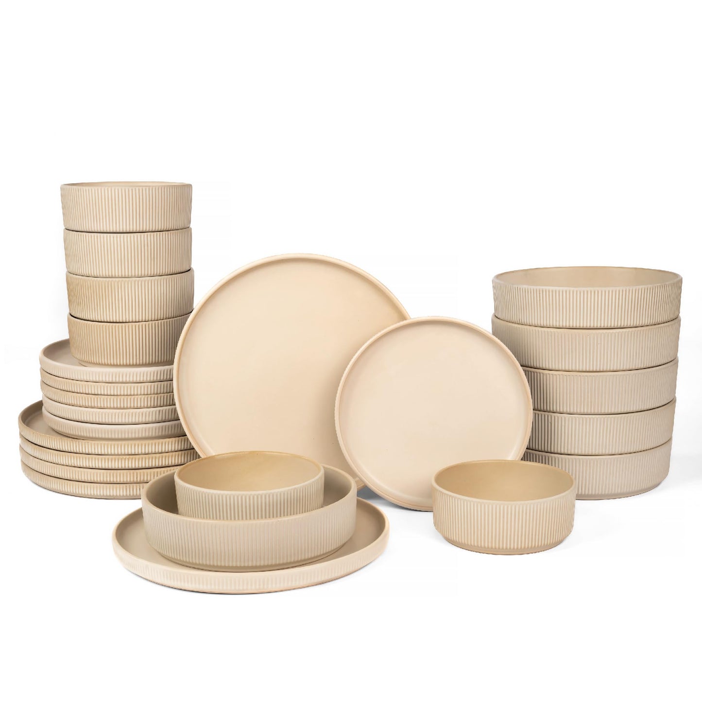 OTAGO 24-Piece Stoneware Dinnerware Set for 6, Ribbed Plates and Bowls Dish Set, Matte Reactive Black, Microwave & Dishwasher Safe, for Kitchen, Dinner & Dining