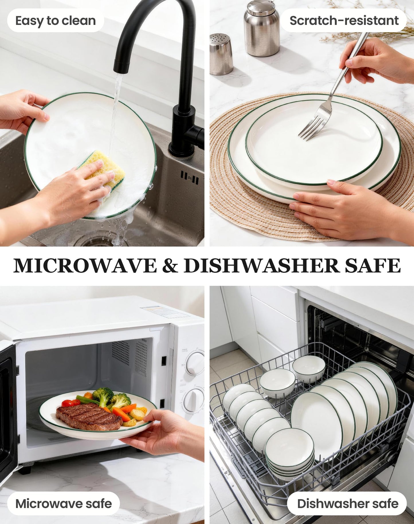OTAGO 24-Piece Dinnerware Set for 6, White with rim Stoneware Plates and Bowls Sets, Ceramic Dish Set for Kitchen, Dinner & Dining, Microwave & Dishwasher Safe