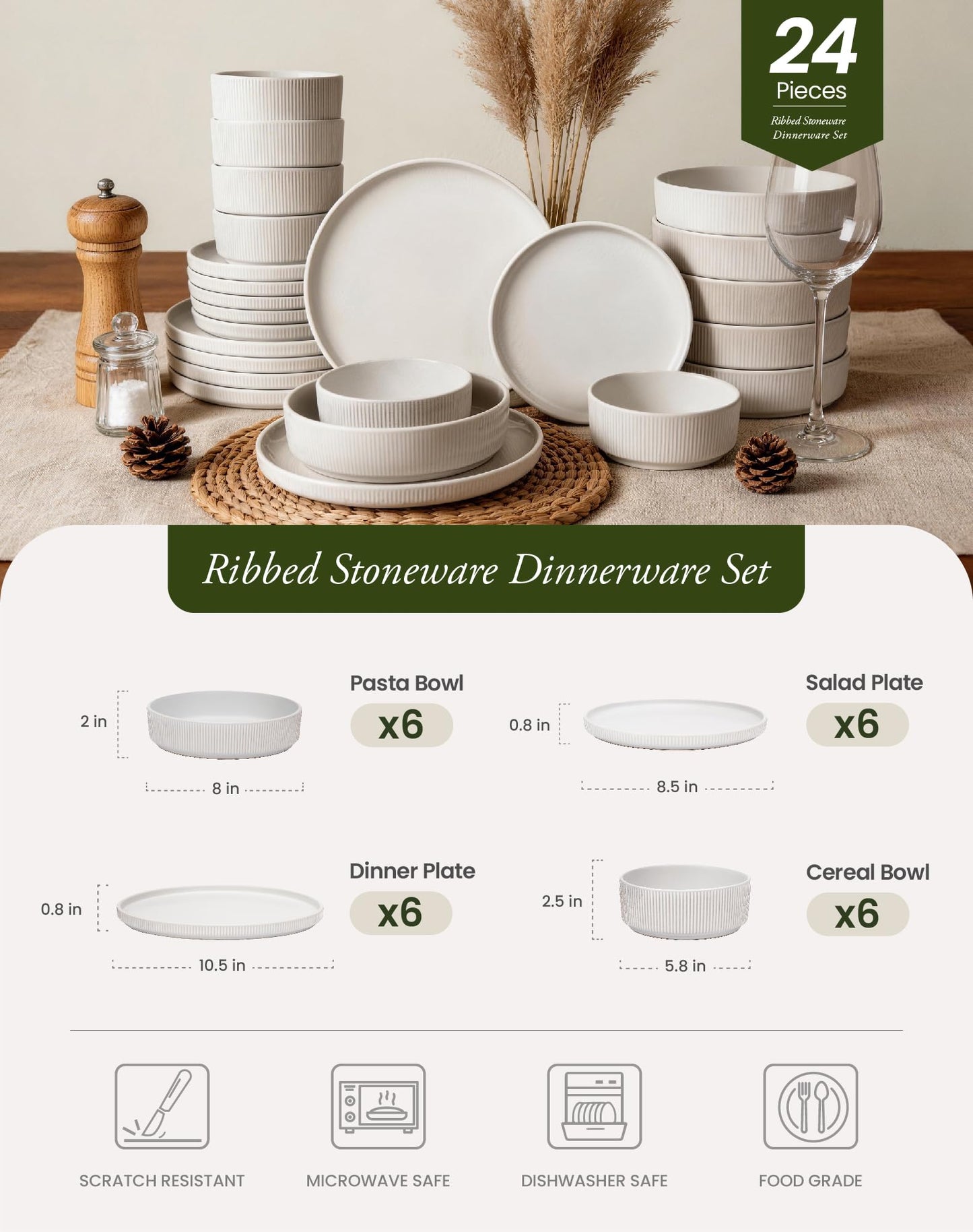 OTAGO 24-Piece Stoneware Dinnerware Set for 6, Ribbed Plates and Bowls Dish Set, Matte Reactive Black, Microwave & Dishwasher Safe, for Kitchen, Dinner & Dining