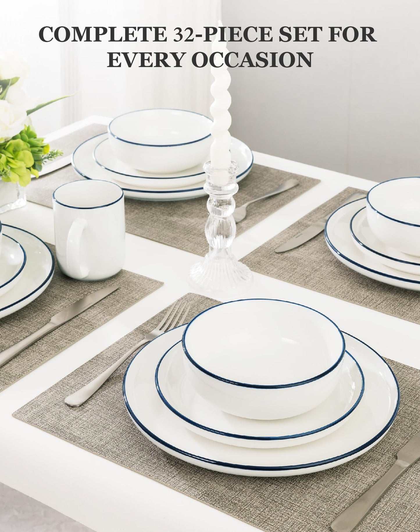 OTAGO 32-Piece Dinnerware Set for 8 with 8 Mugs, White with rim Stoneware Plates and Bowls Sets, Ceramic Dish Set for Kitchen, Dinner & Dining, Microwave & Dishwasher Safe