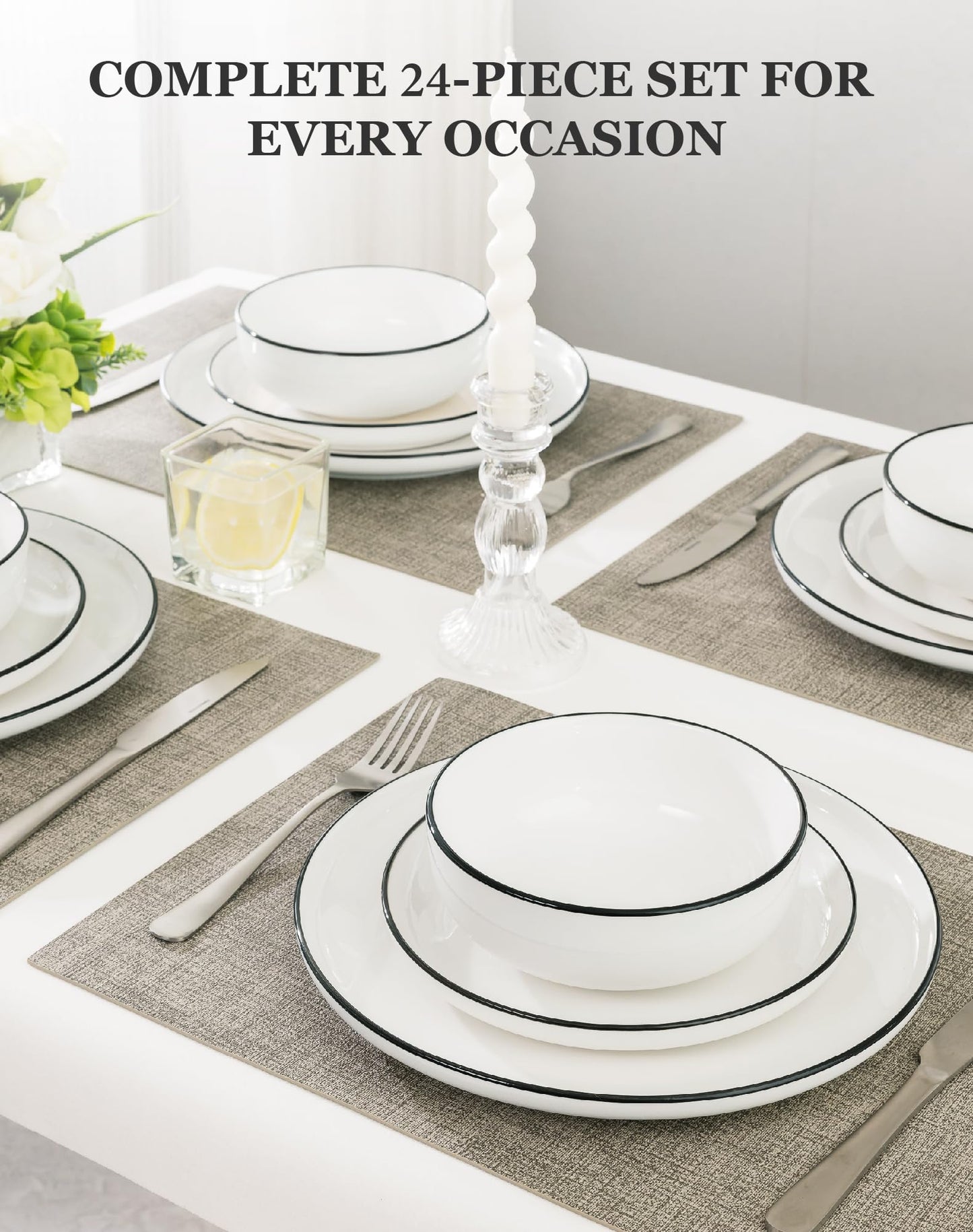 OTAGO 24-Piece Dinnerware Set for 6, White with rim Stoneware Plates and Bowls Sets, Ceramic Dish Set for Kitchen, Dinner & Dining, Microwave & Dishwasher Safe