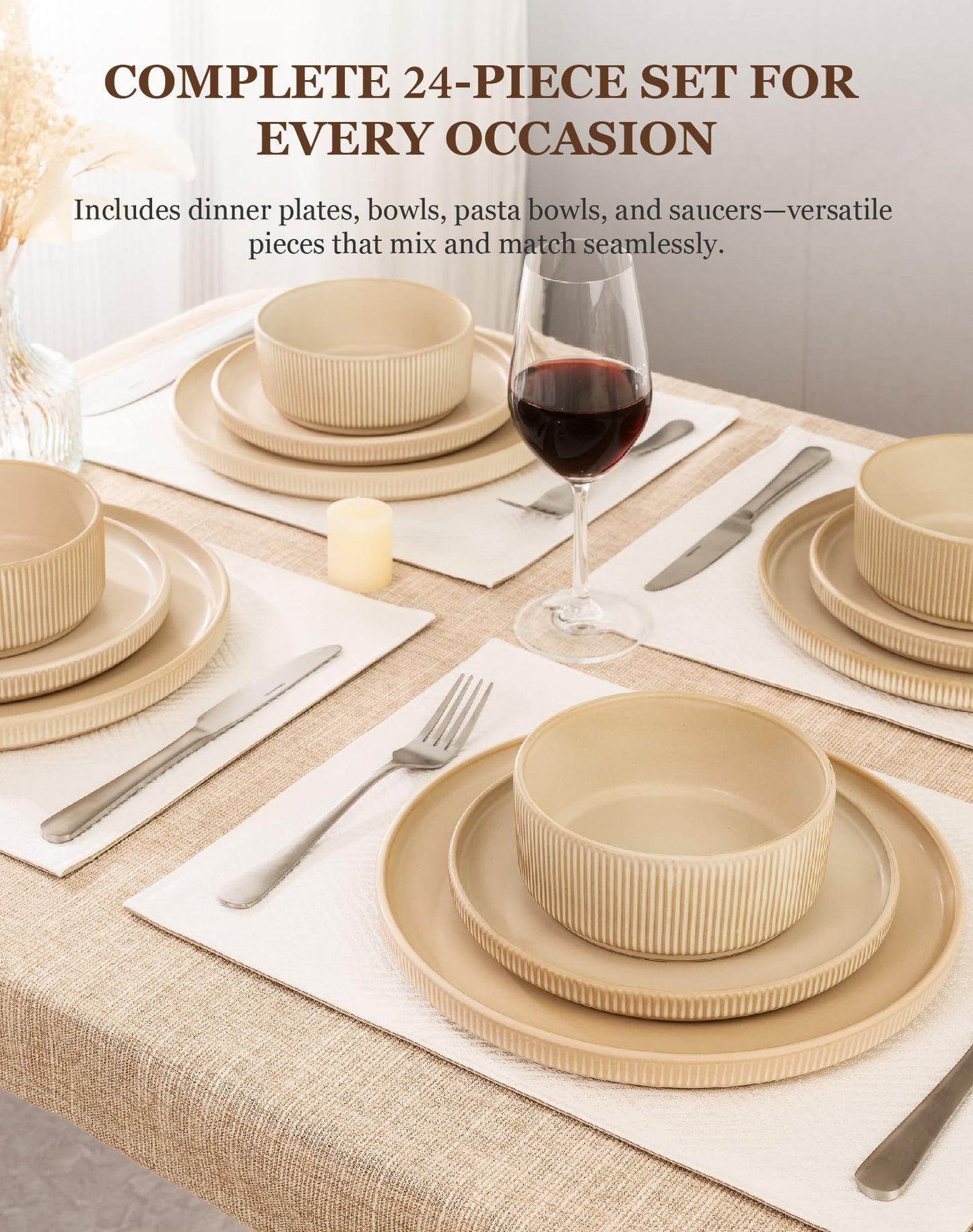 OTAGO 24-Piece Stoneware Dinnerware Set for 6, Ribbed Plates and Bowls Dish Set, Matte Reactive Black, Microwave & Dishwasher Safe, for Kitchen, Dinner & Dining