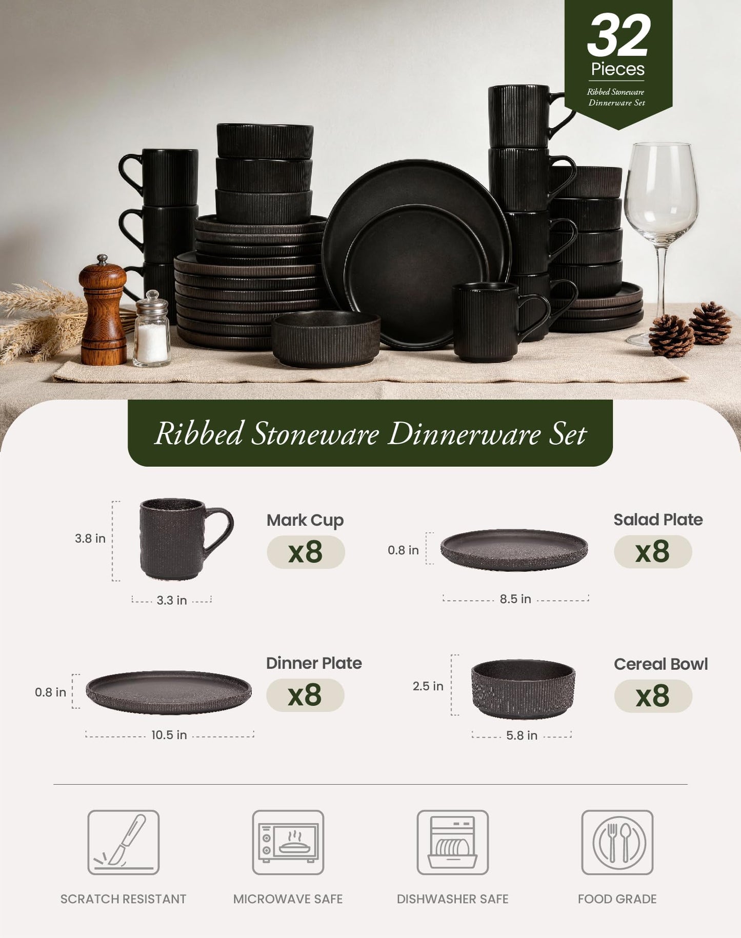 OTAGO 32-Piece Stoneware Dinnerware Set, Plates and Bowls Sets for 8 with Mugs, Ribbed Ceramic Dish Set, Microwave & Dishwasher Safe, for Kitchen, Dinner & Dining