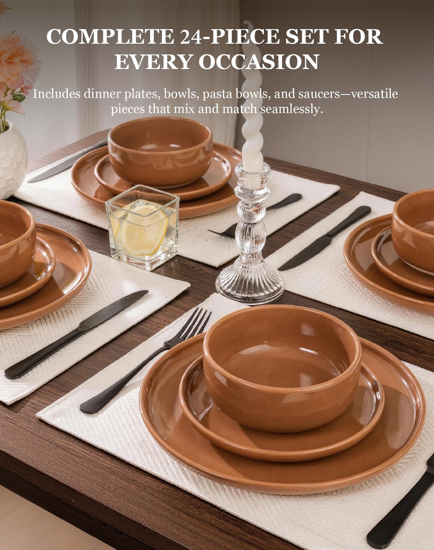 OTAGO 24-Piece Dinnerware Sets for 4, Ceramic Plates and Bowls Set with Partially Unglazed Base, Handcrafted Look, Stoneware Dishes Set for Kitchen, Dinner & Dining, Microwave & Dishwasher Safe